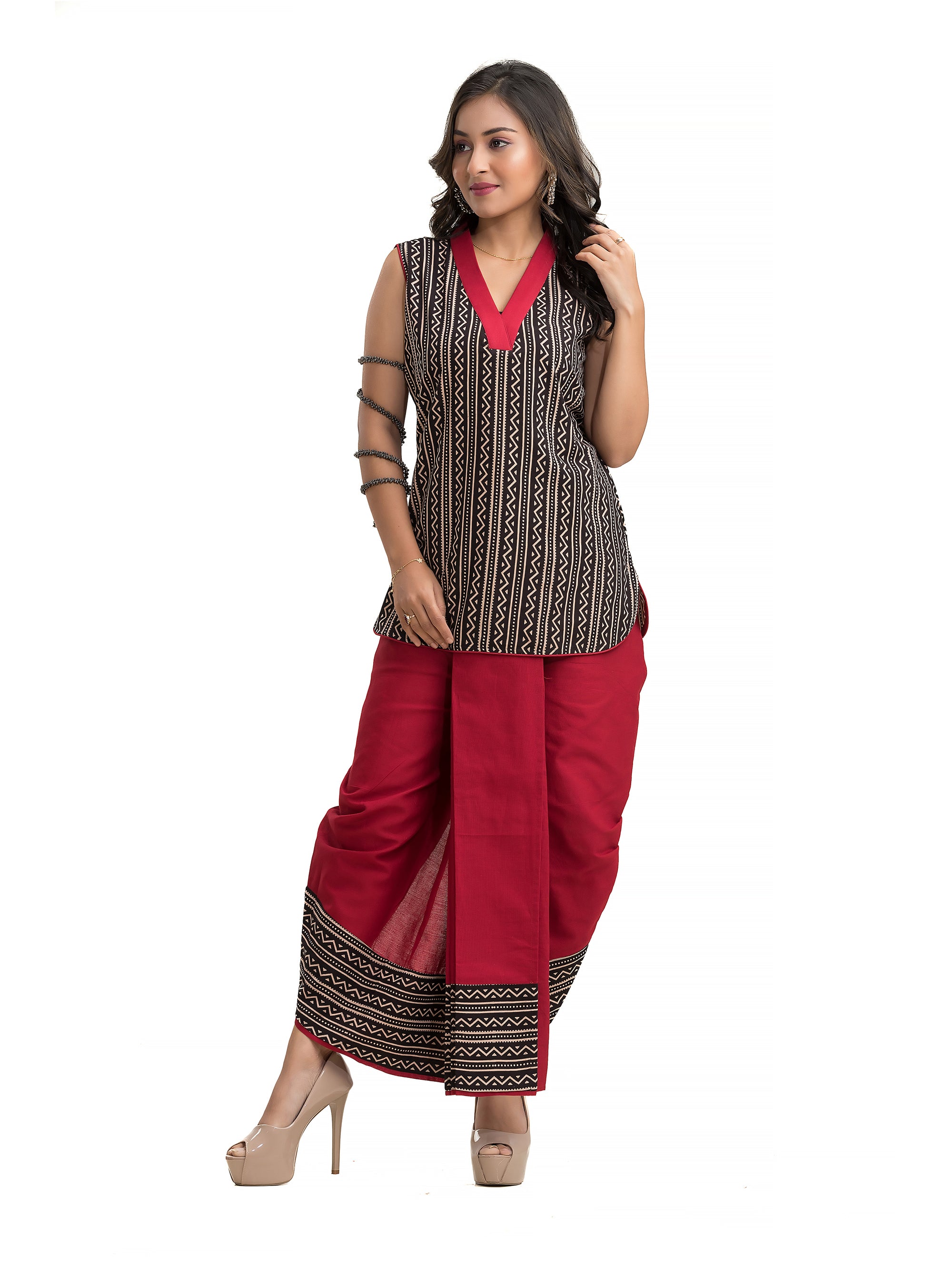 Black Stripe Ajrakh Pattern Maroon Dhoti Co-Ord Set