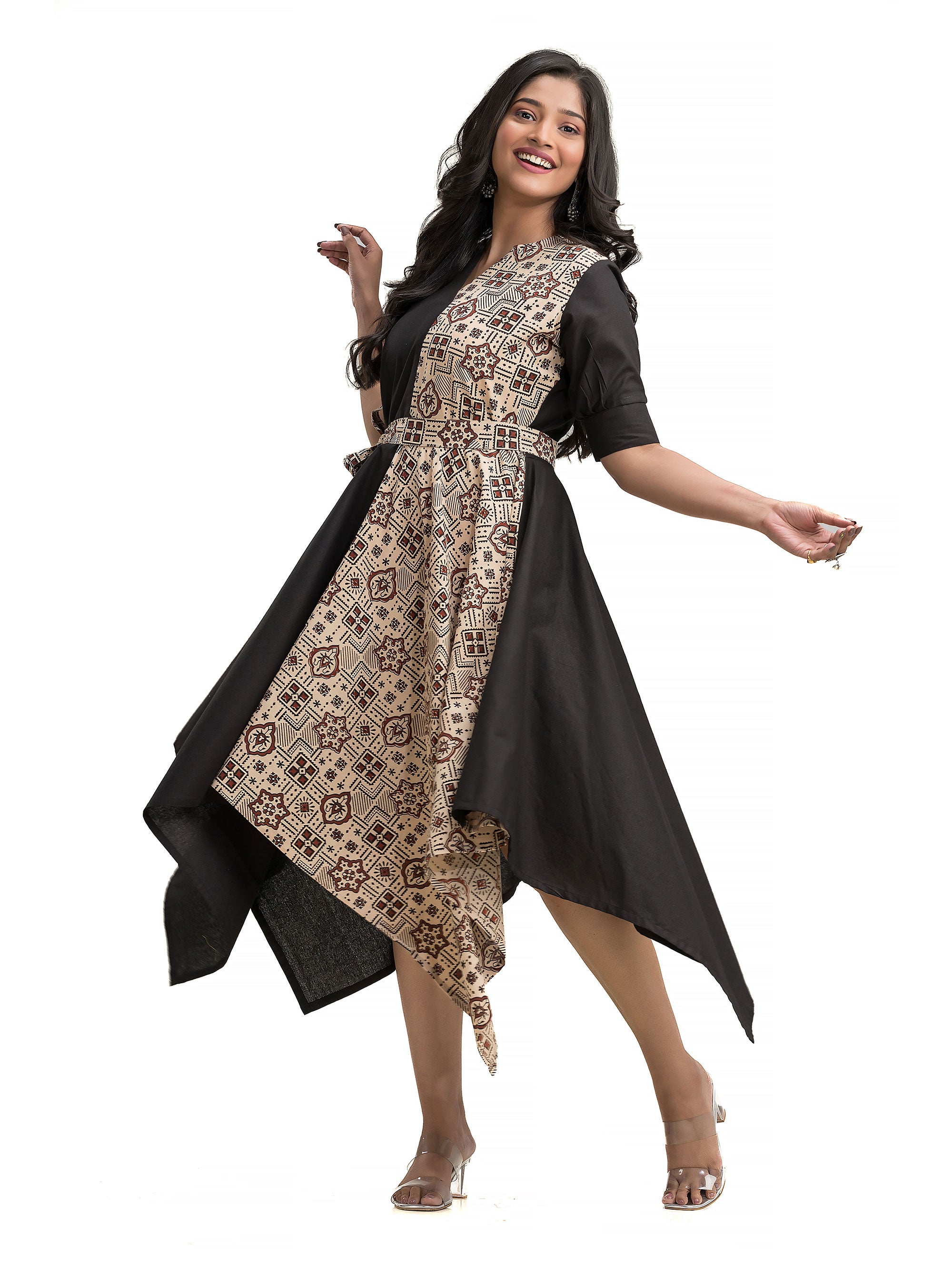 Handkerchief Cut Dress with Off White Ajrakh Print