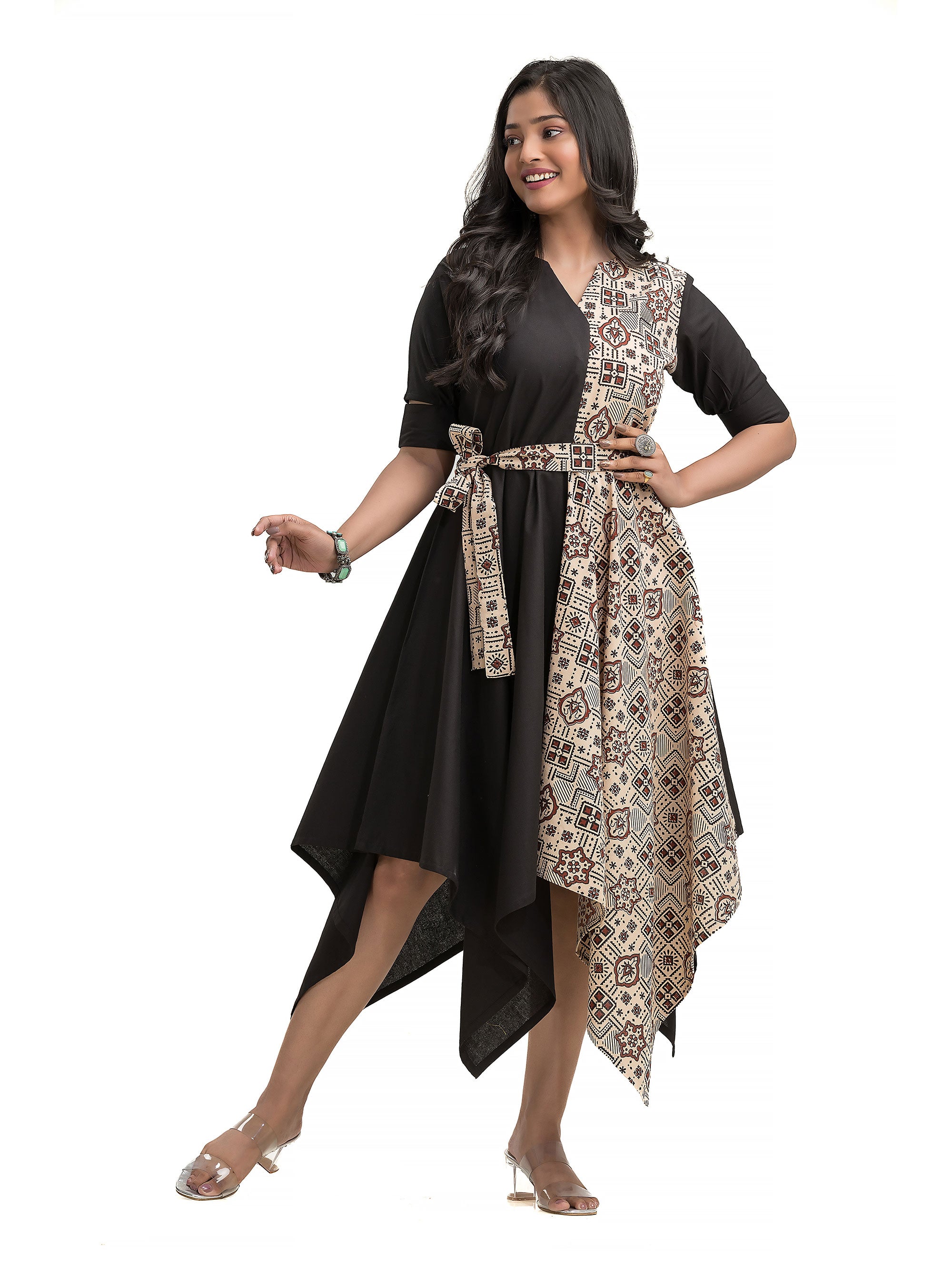 Handkerchief Cut Dress with Off White Ajrakh Print