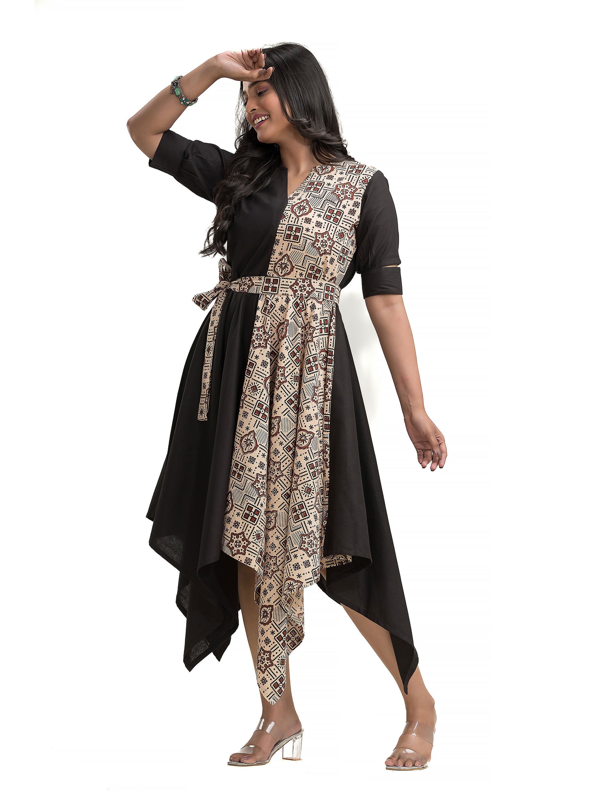 Handkerchief Cut Dress with Off White Ajrakh Print