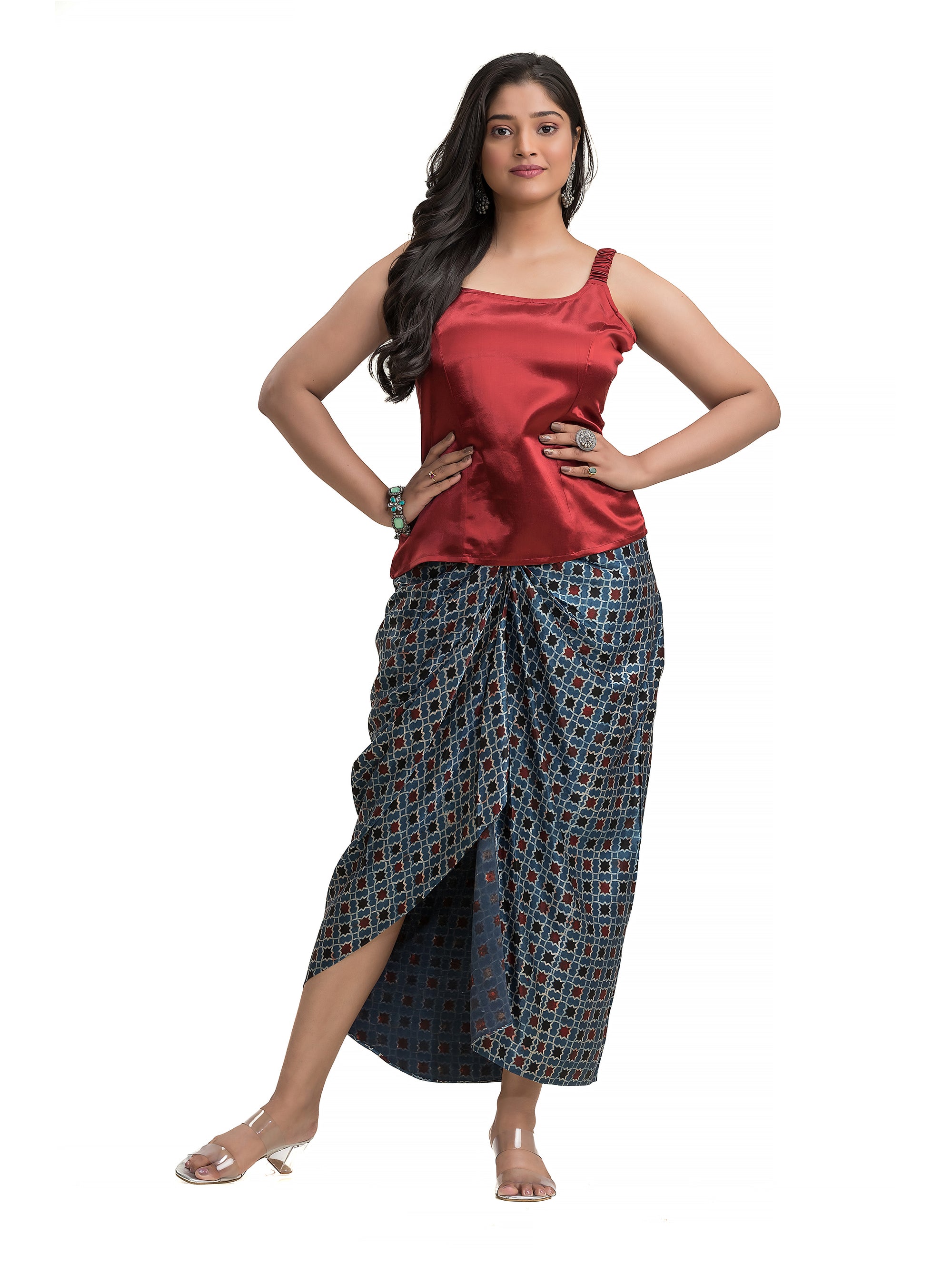 Blue Sarang Skirt with Maroon Noodle Top