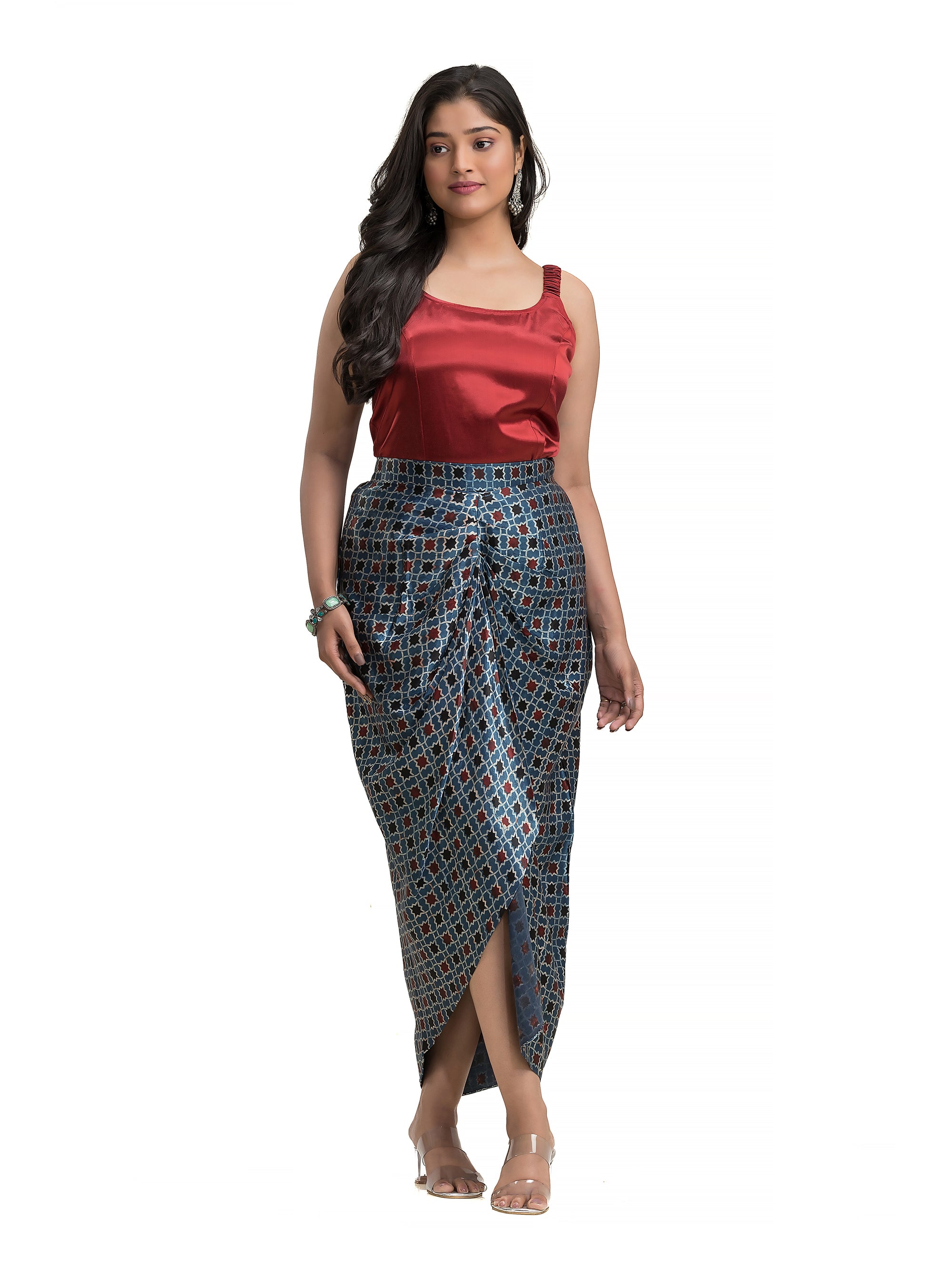 Blue Sarang Skirt with Maroon Noodle Top