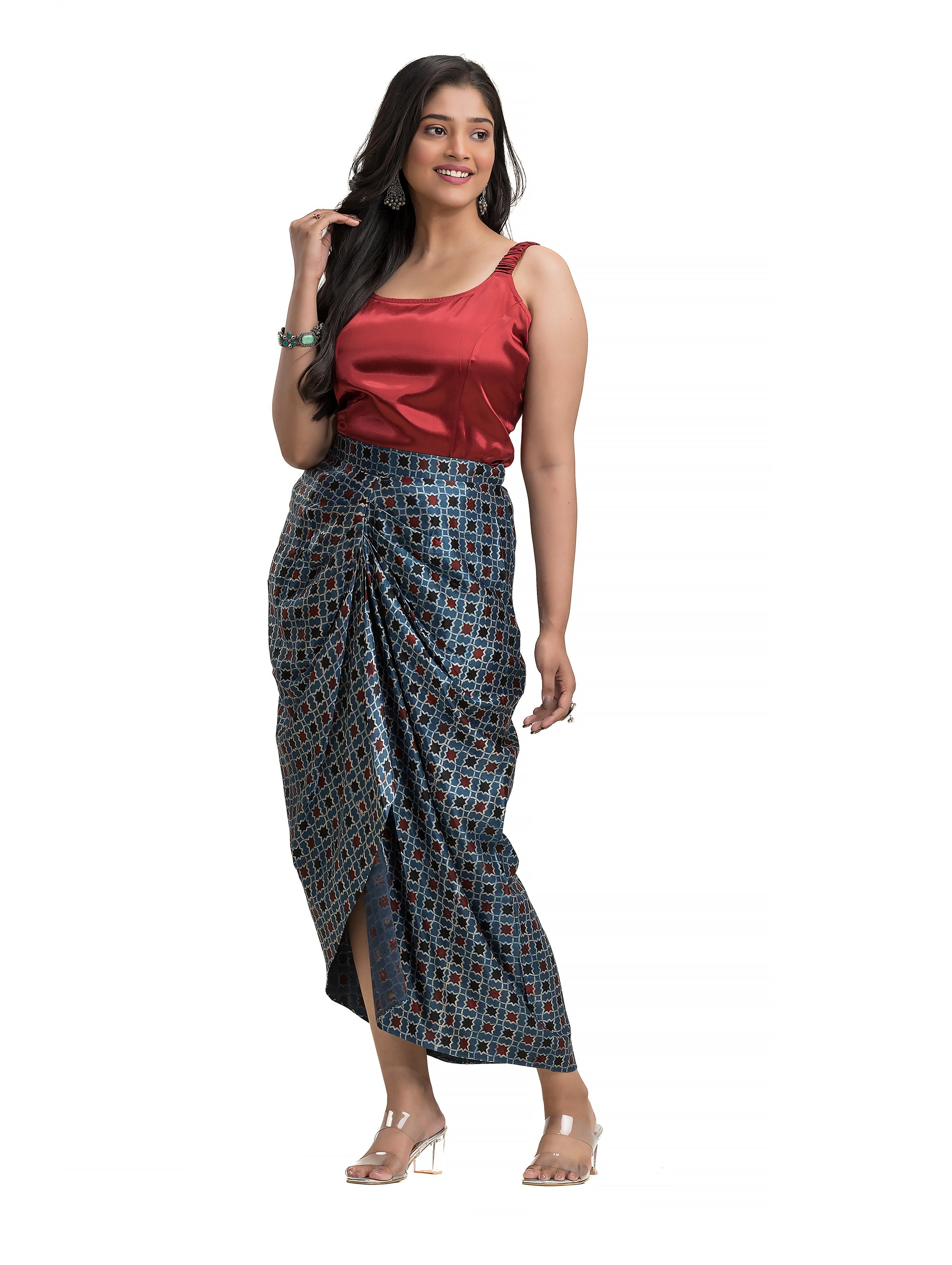 Blue Sarang Skirt with Maroon Noodle Top