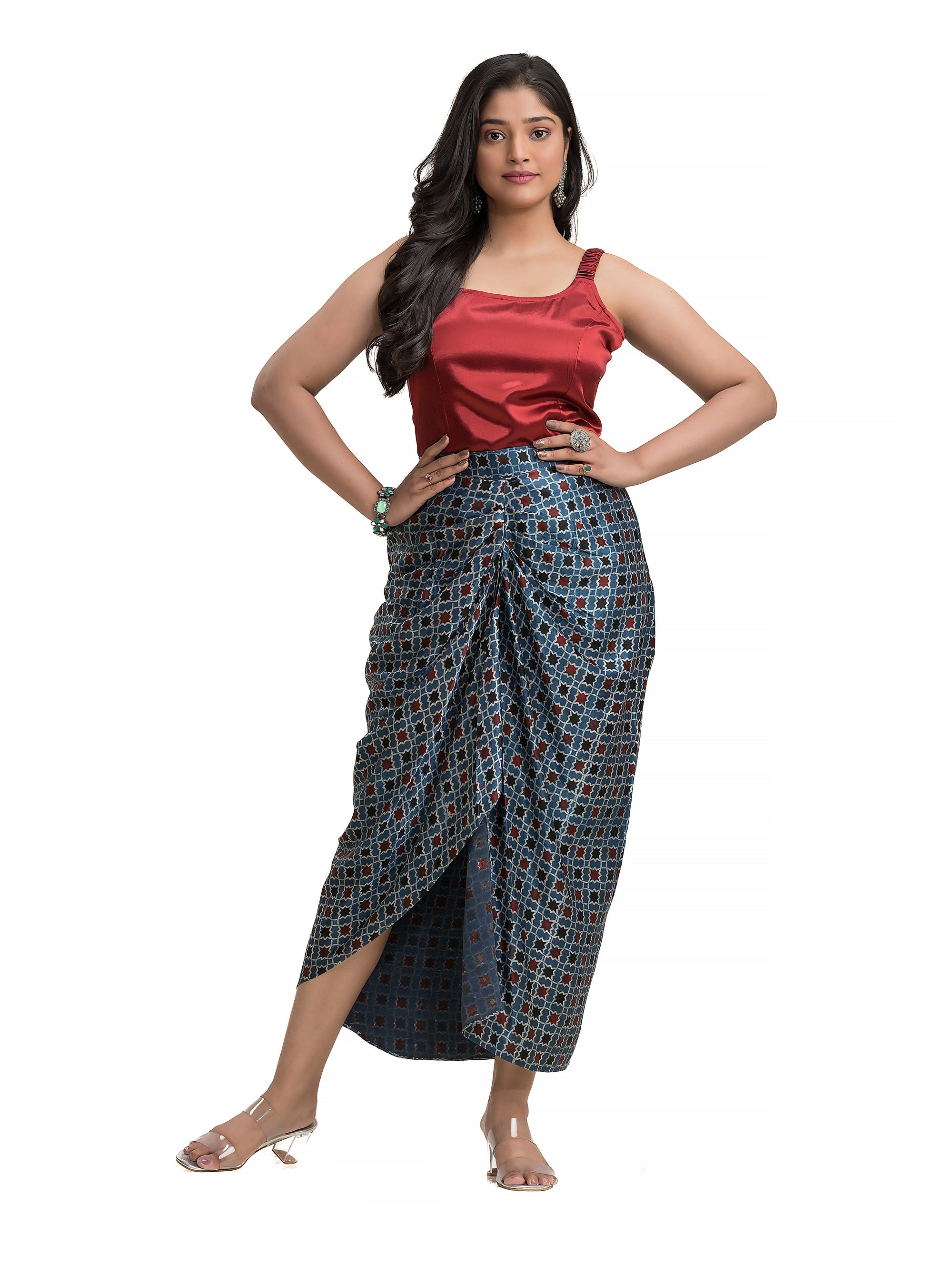 Blue Sarang Skirt with Maroon Noodle Top