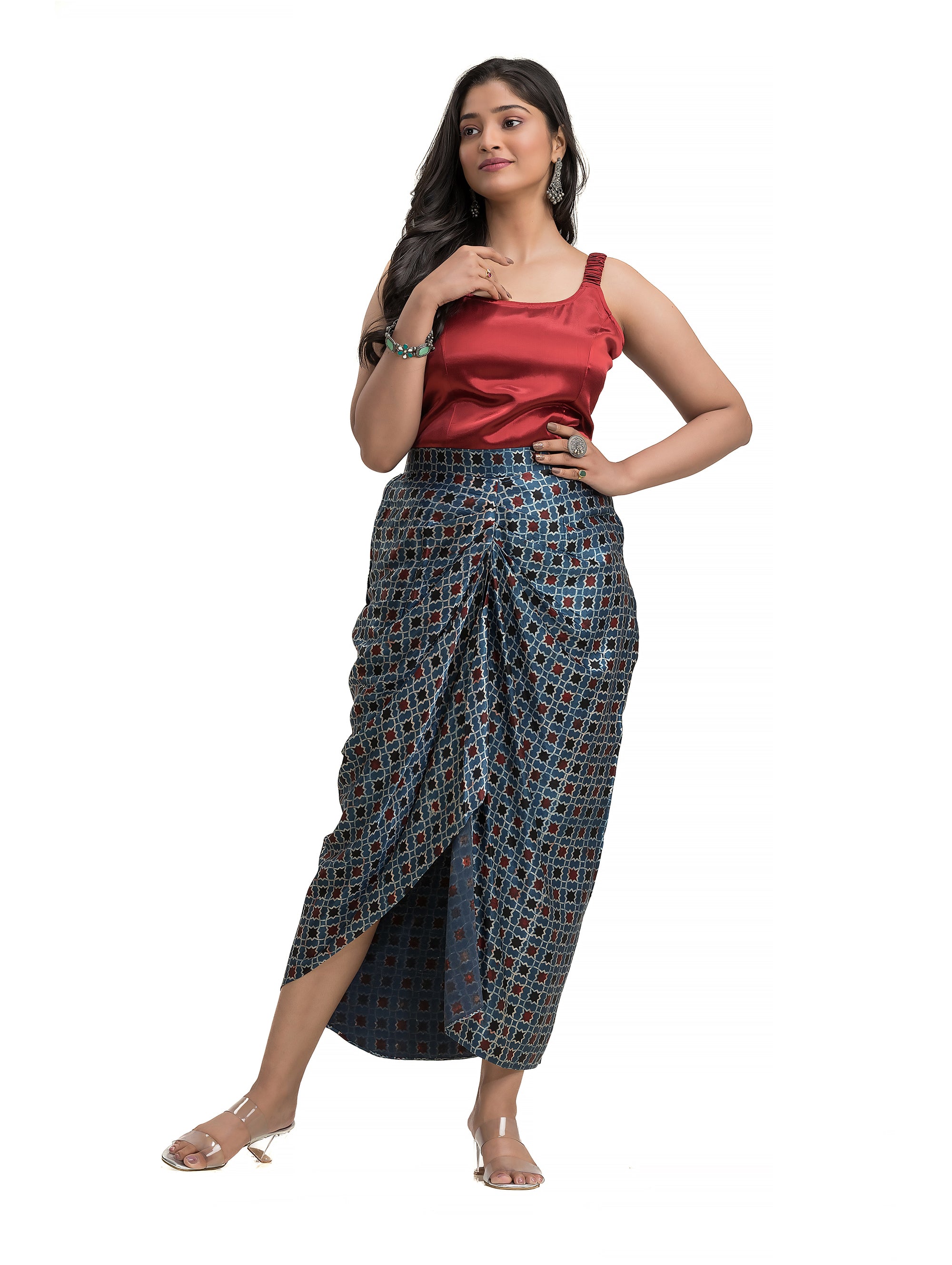 Blue Sarang Skirt with Maroon Noodle Top