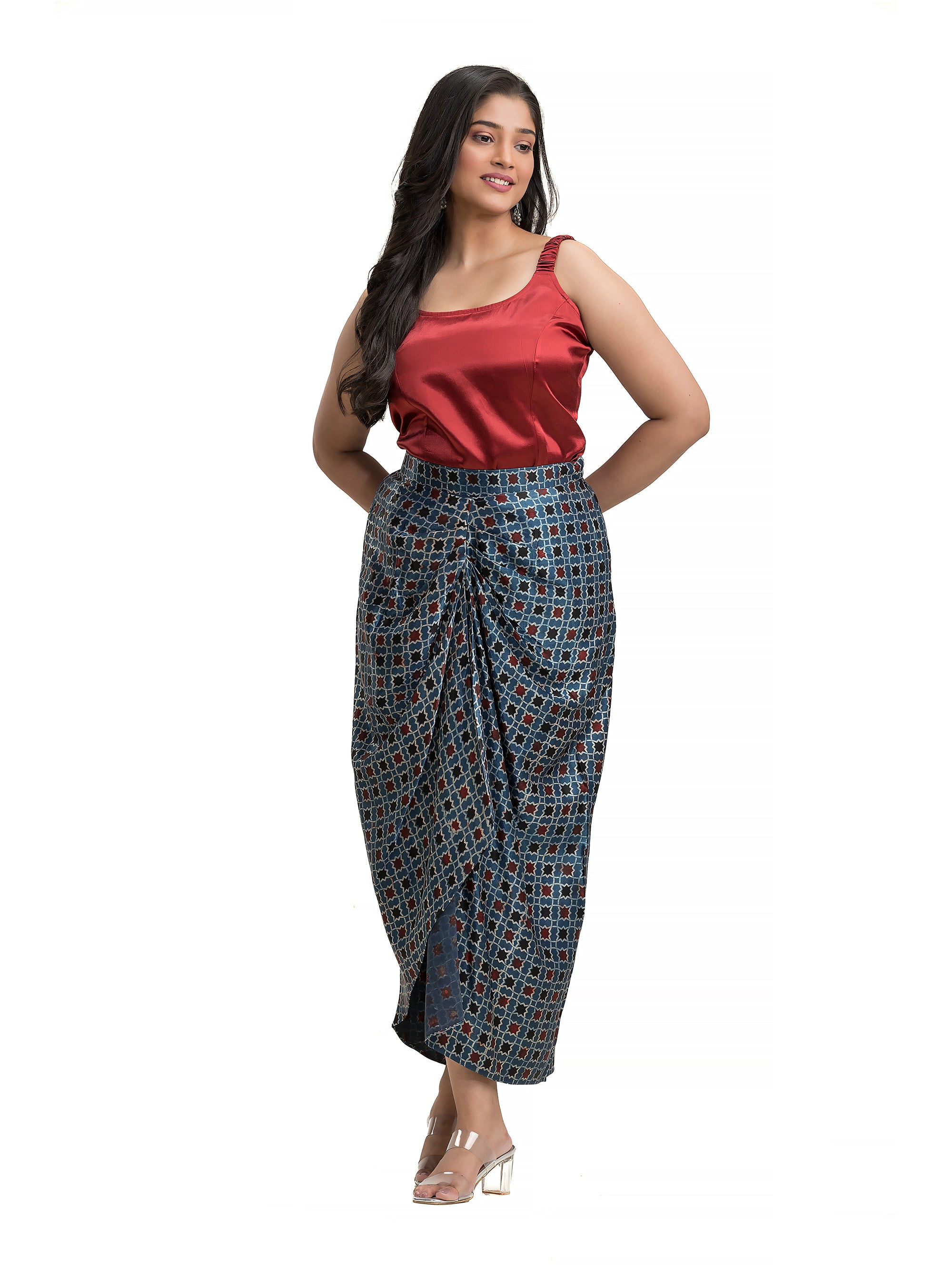 Blue Sarang Skirt with Maroon Noodle Top