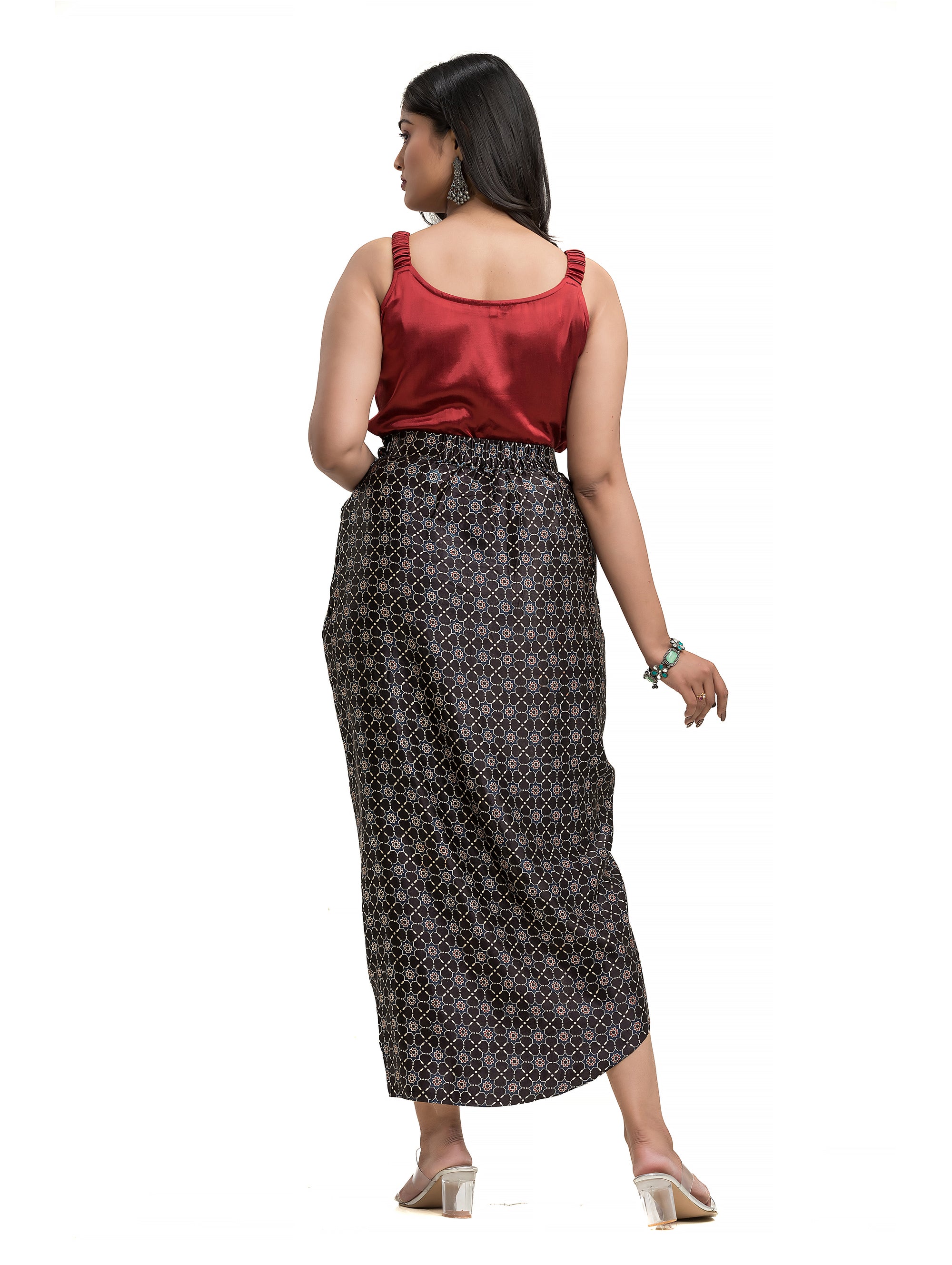 Sarang Skirt in Black Ajrakh Block Print with Solid Colour Noodle Top