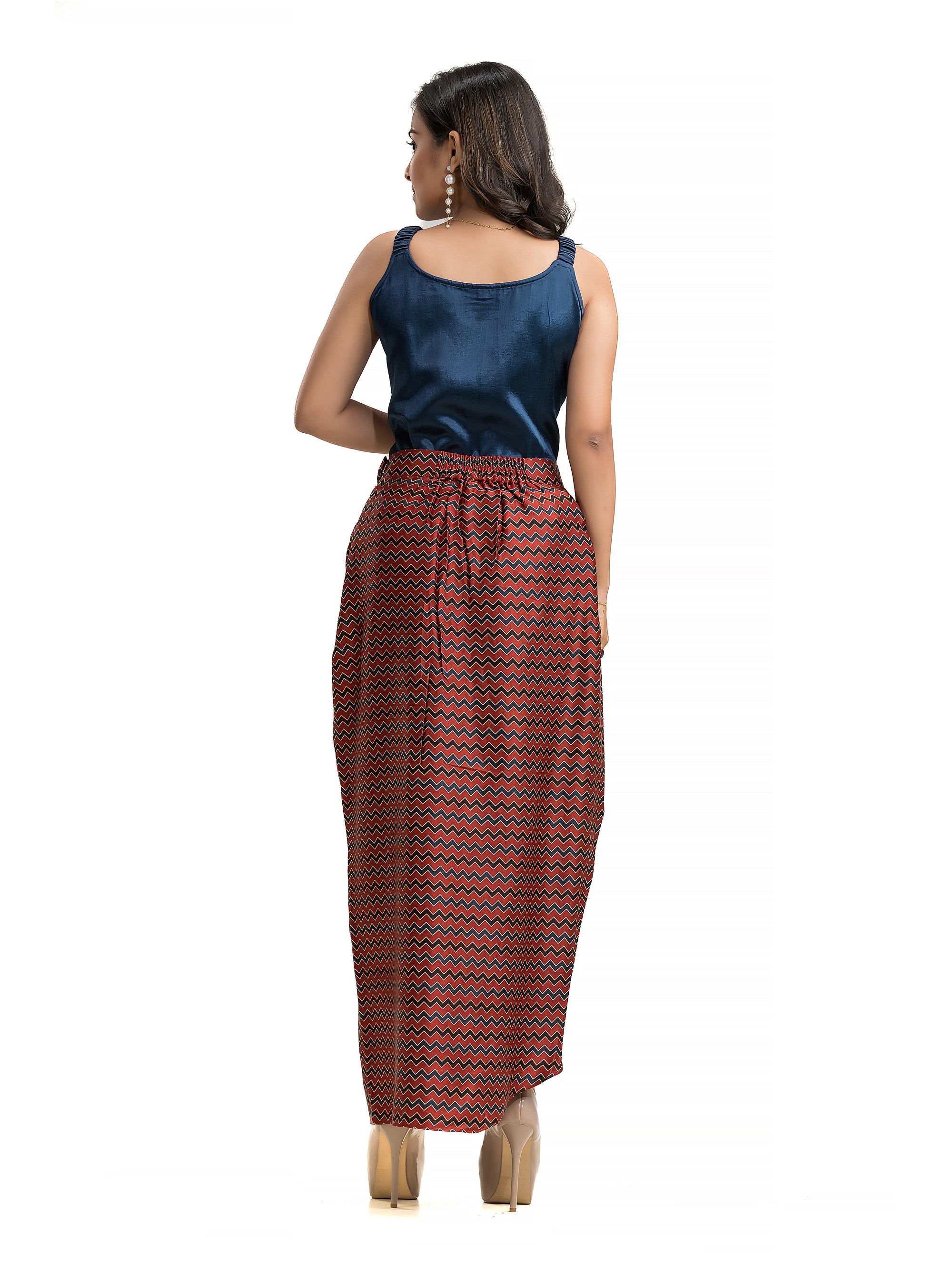 Maroon Geometric Printed Sarang Skirt with Blue Noodle Top