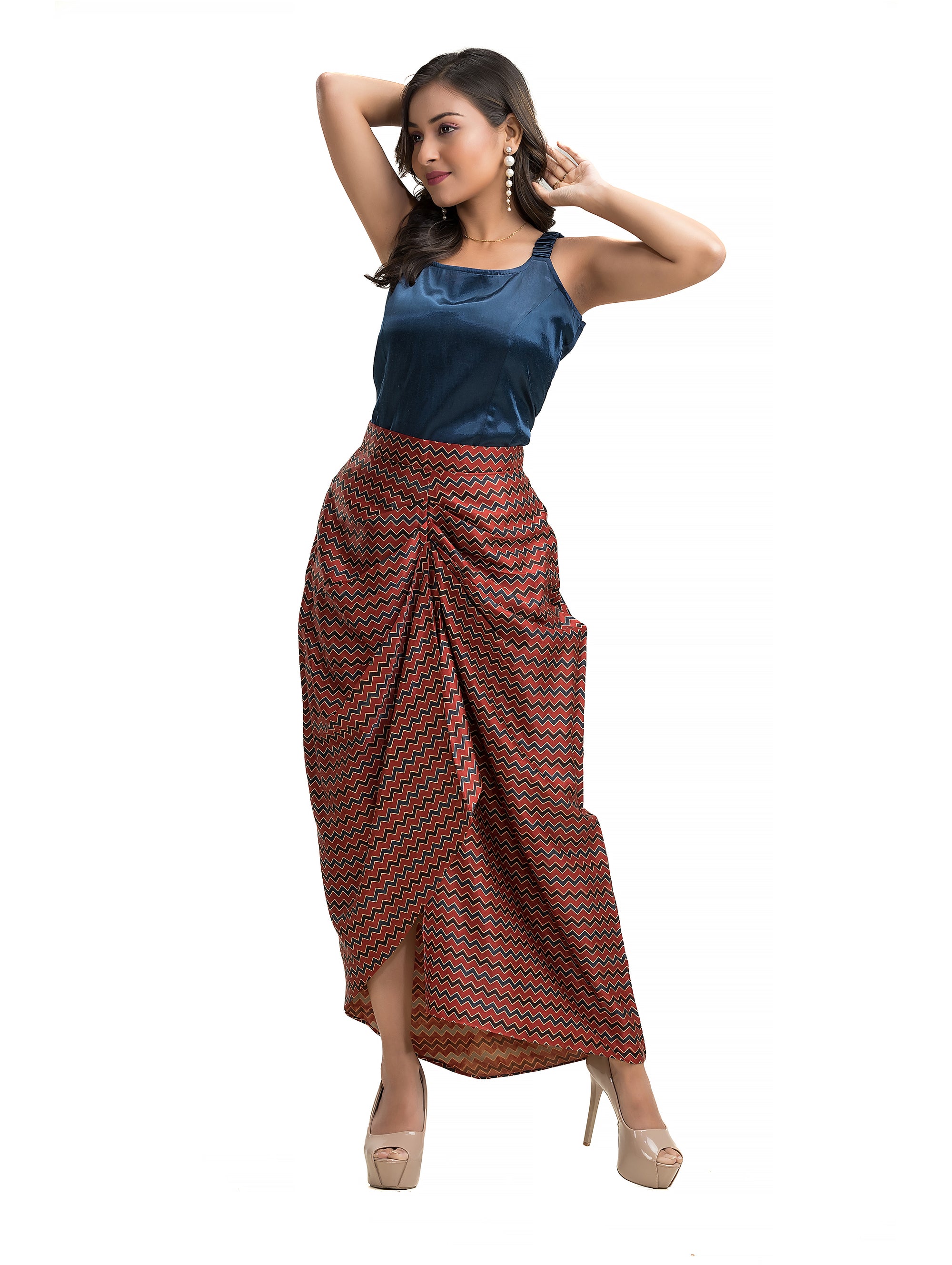 Maroon Geometric Printed Sarang Skirt with Blue Noodle Top