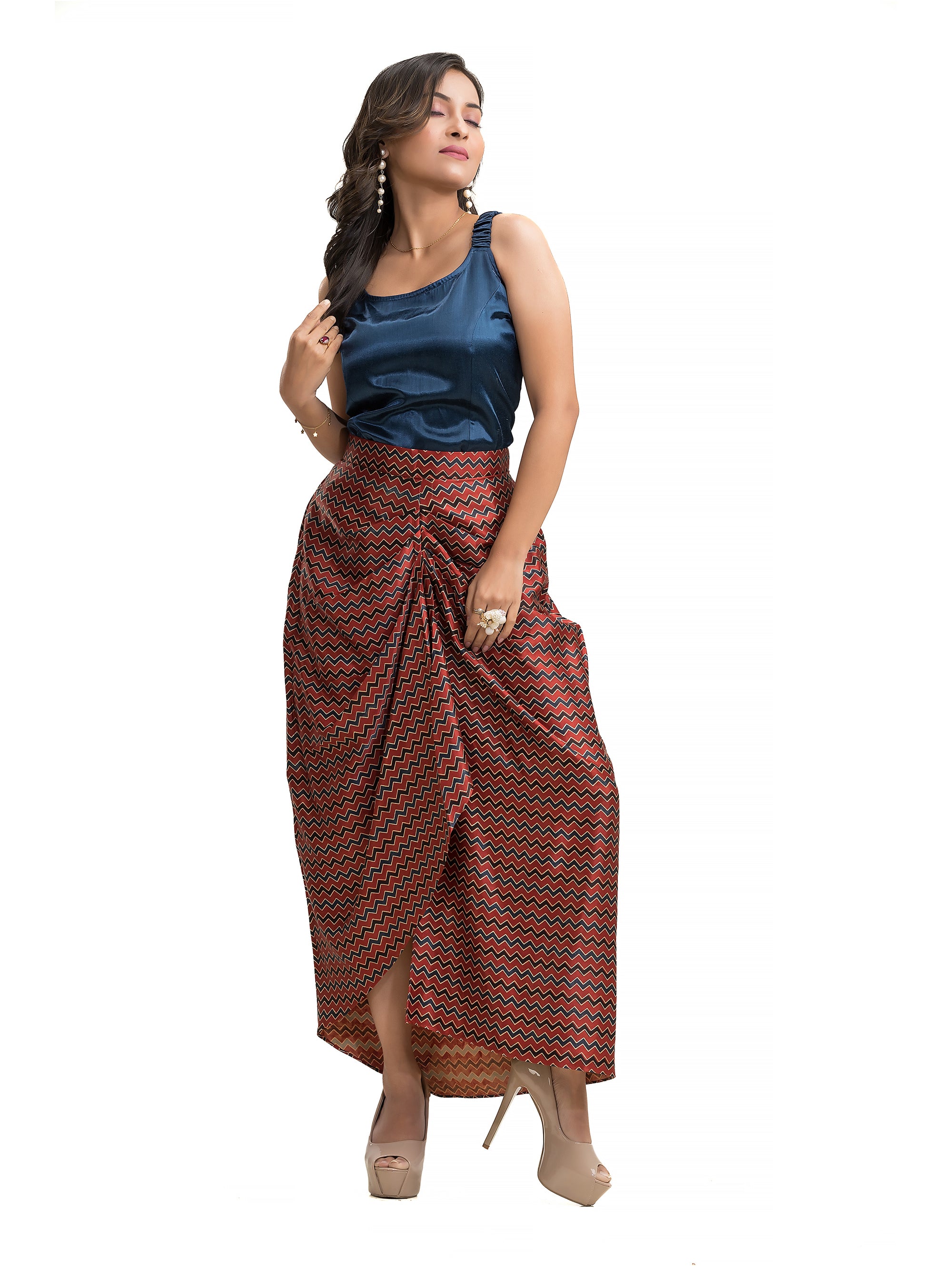 Maroon Geometric Printed Sarang Skirt with Blue Noodle Top