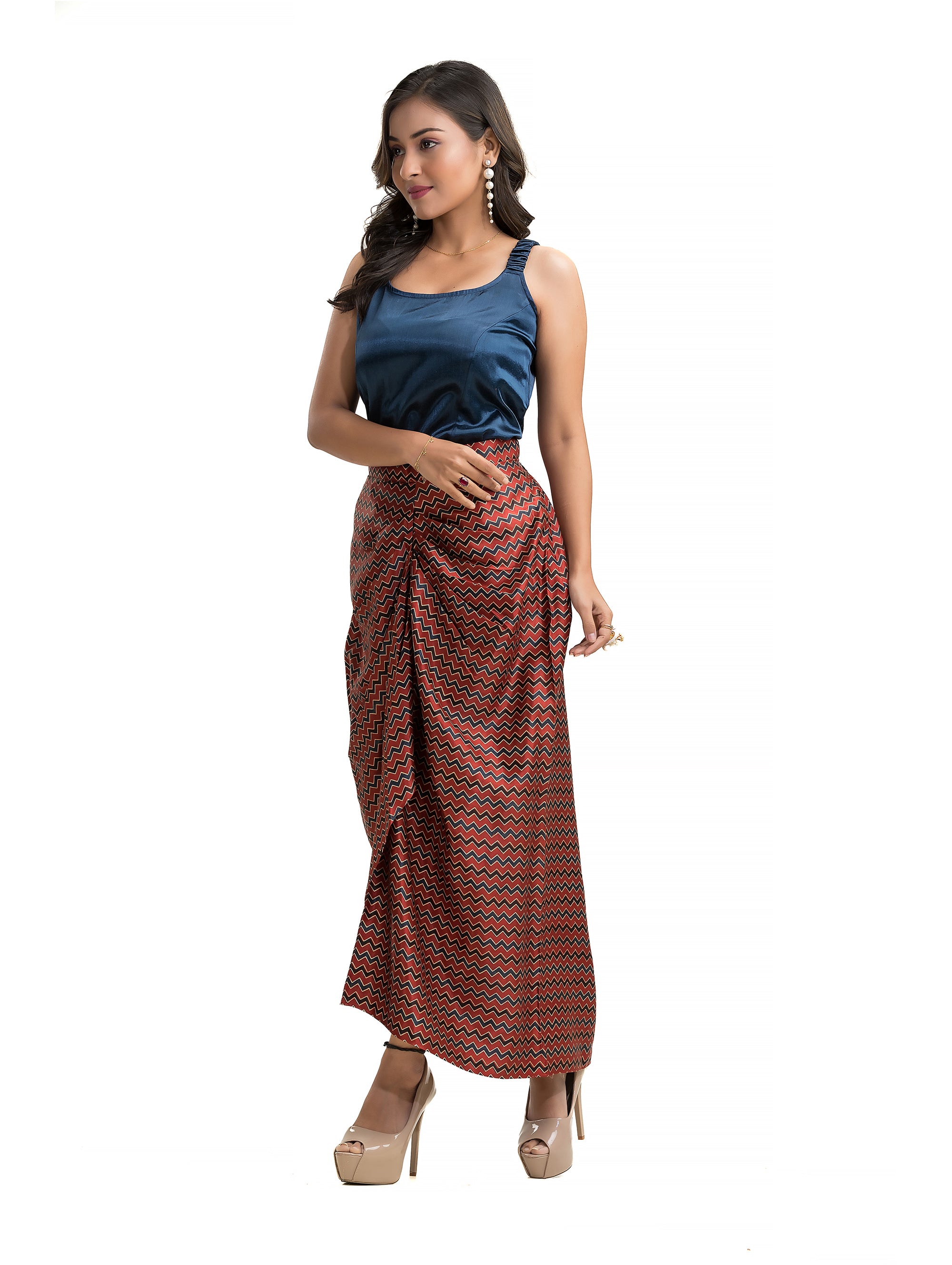 Maroon Geometric Printed Sarang Skirt with Blue Noodle Top