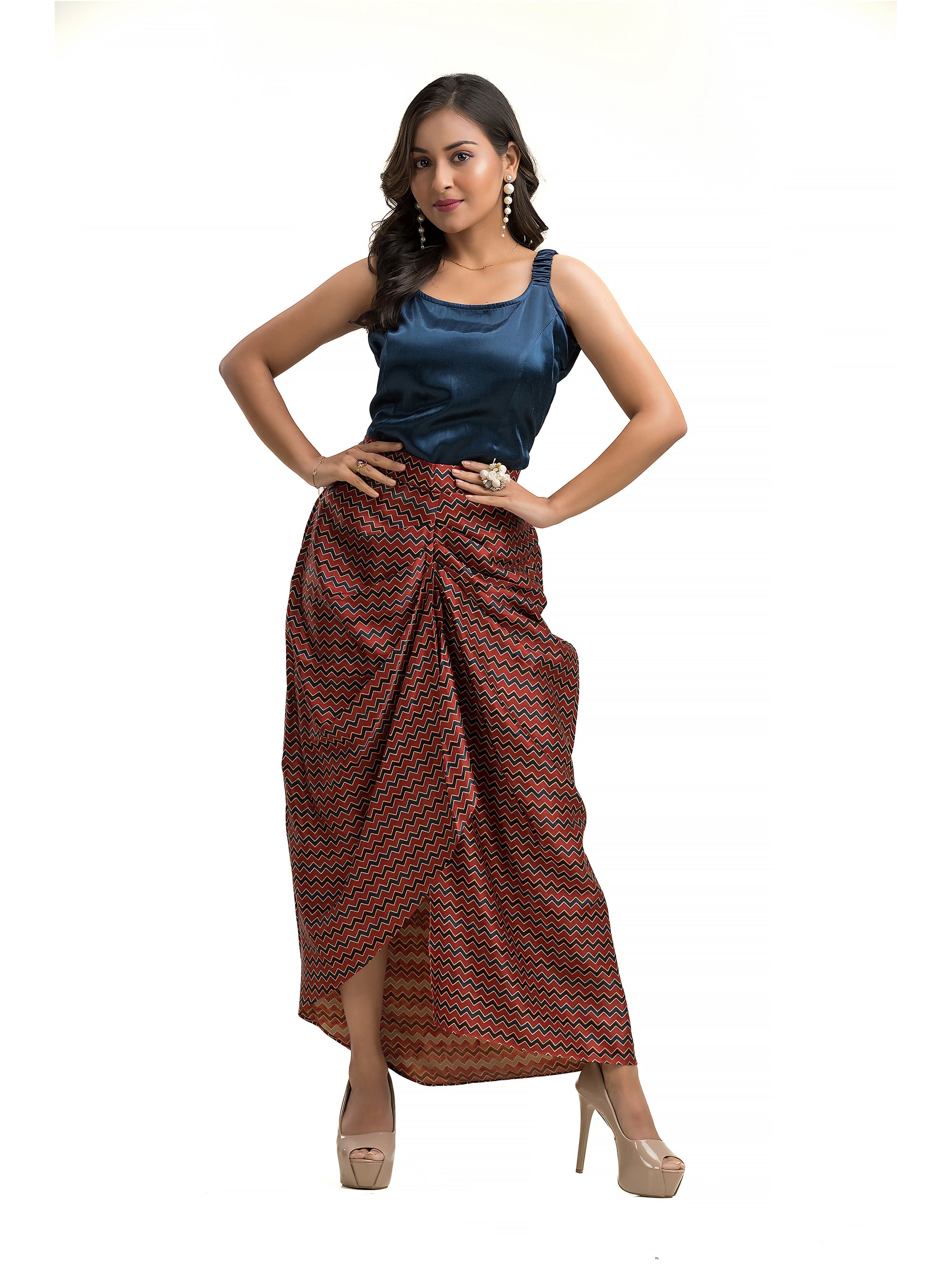 Maroon Geometric Printed Sarang Skirt with Blue Noodle Top