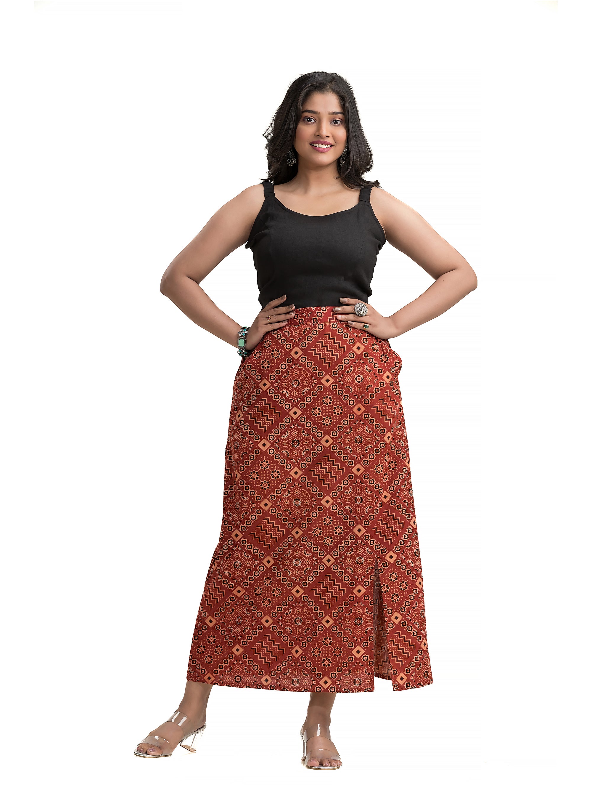 Ankle Length Ajrakh Maroon Pencil Skirt