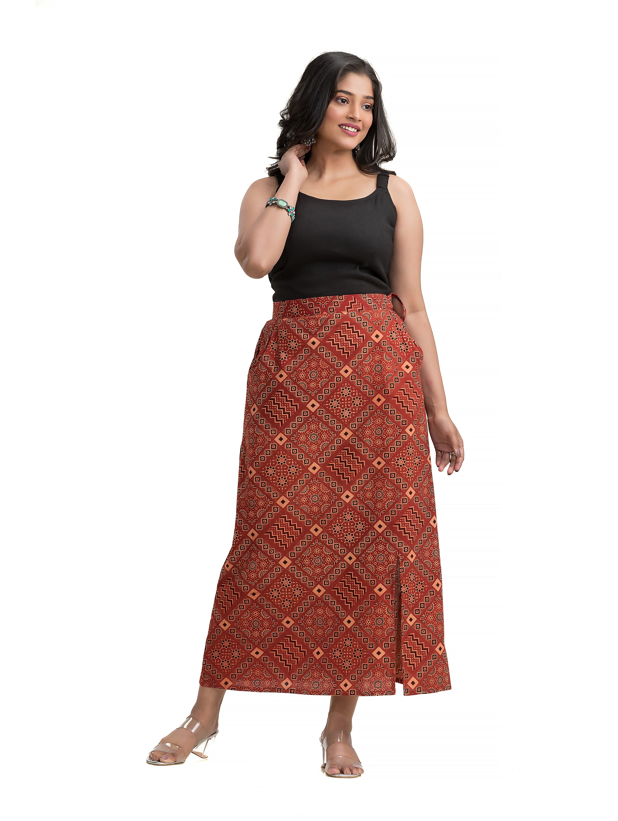 Ankle Length Ajrakh Maroon Pencil Skirt