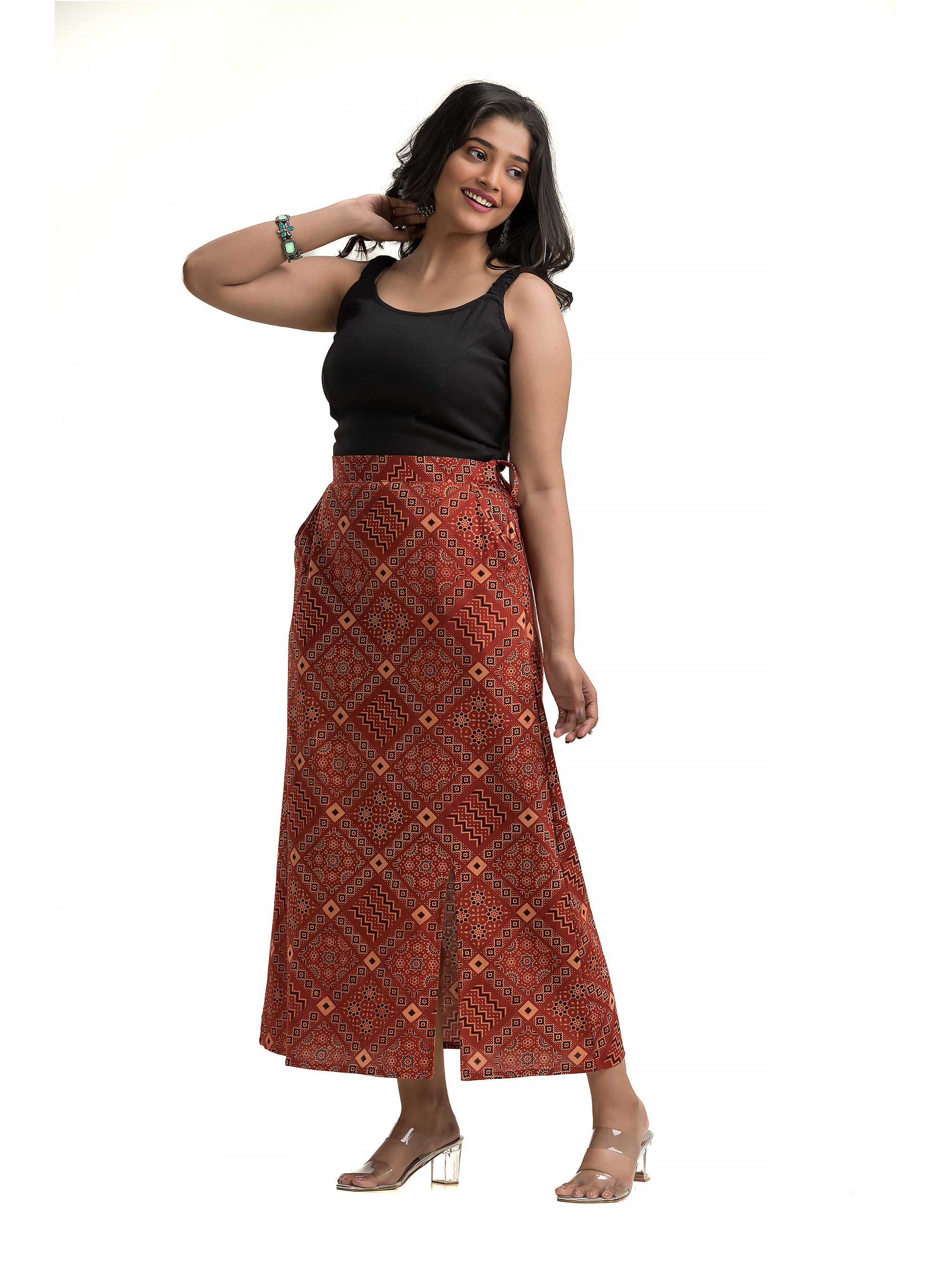 Ankle Length Ajrakh Maroon Pencil Skirt