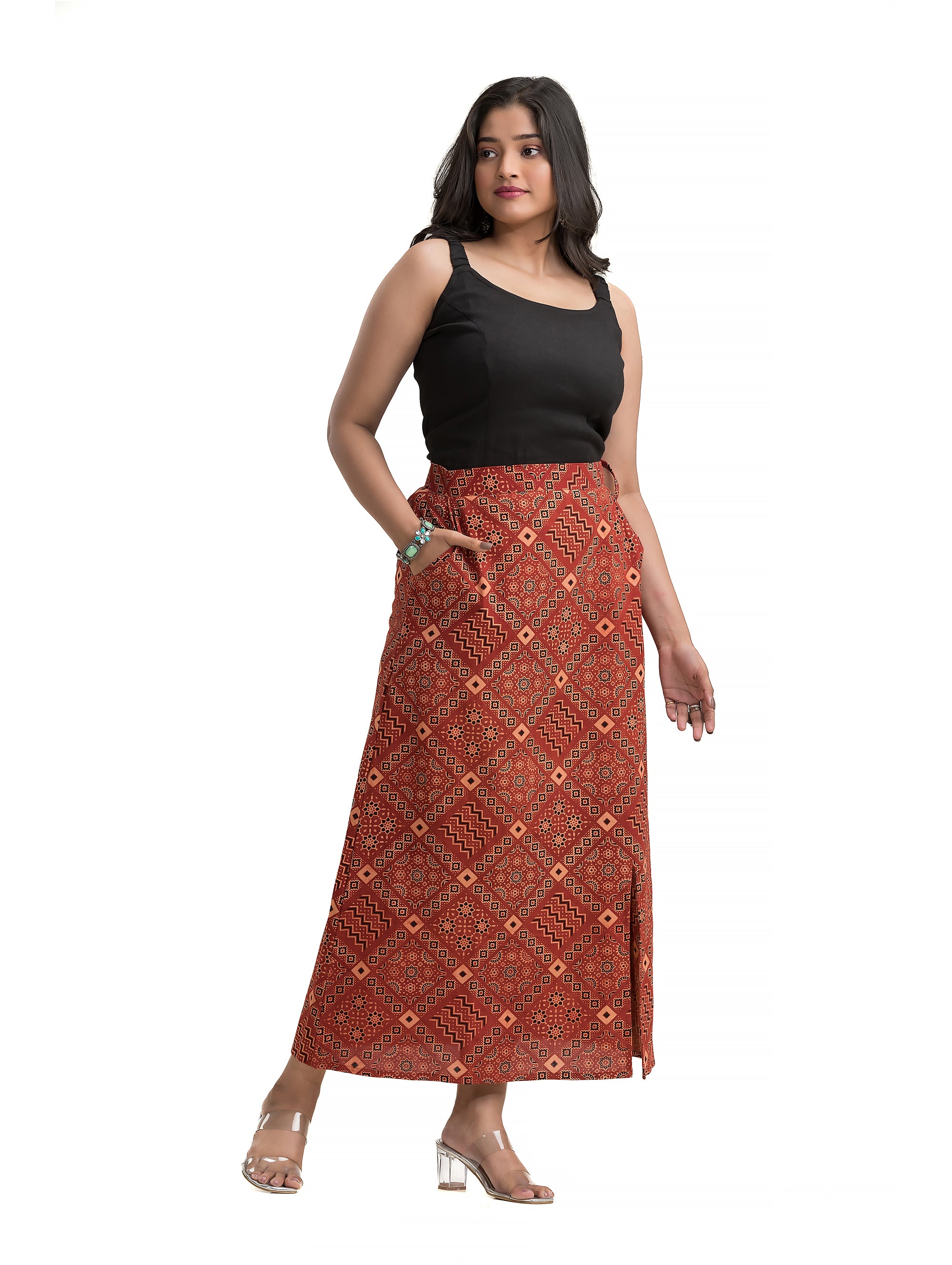 Ankle Length Ajrakh Maroon Pencil Skirt