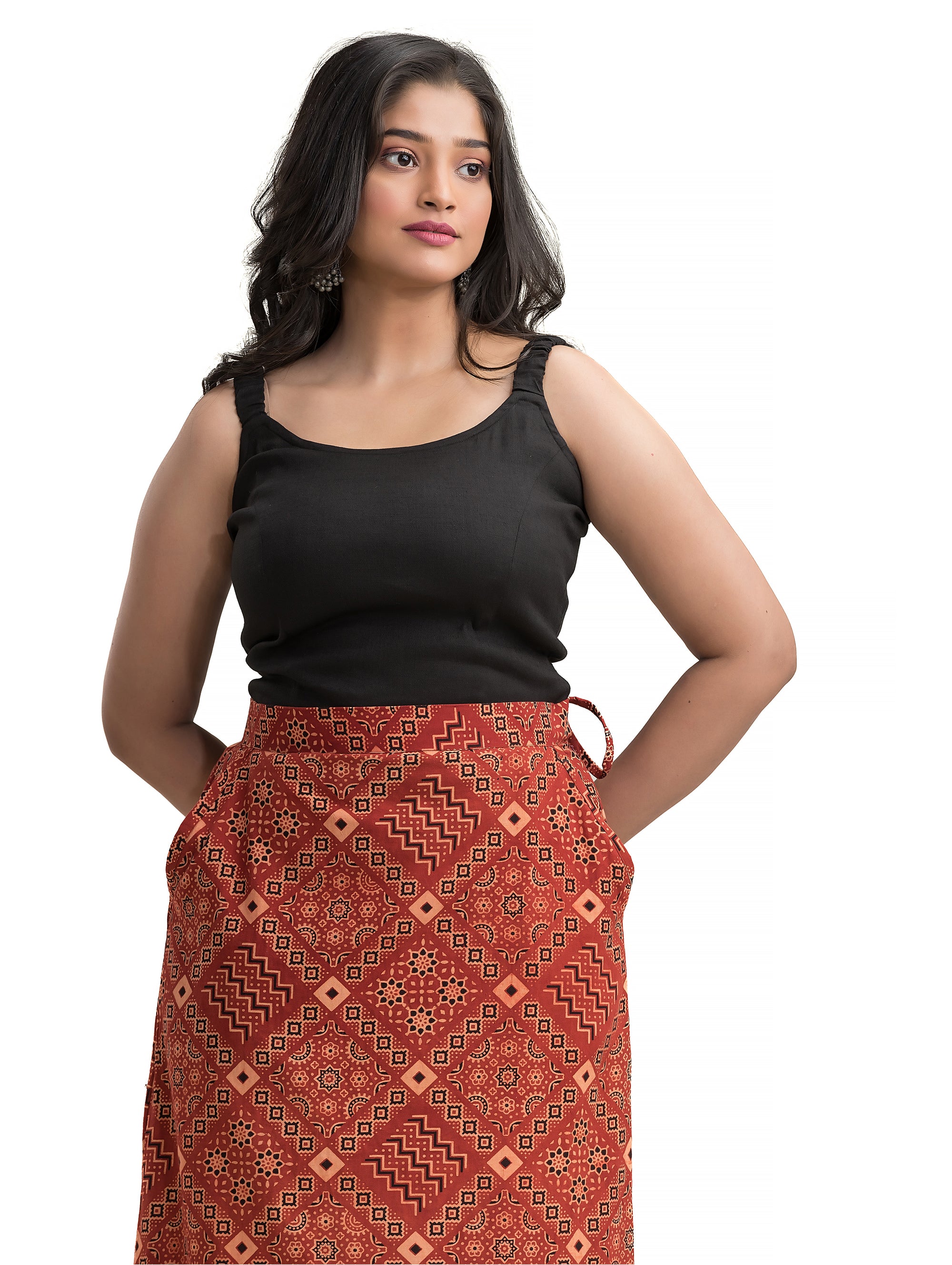 Ankle Length Ajrakh Maroon Pencil Skirt