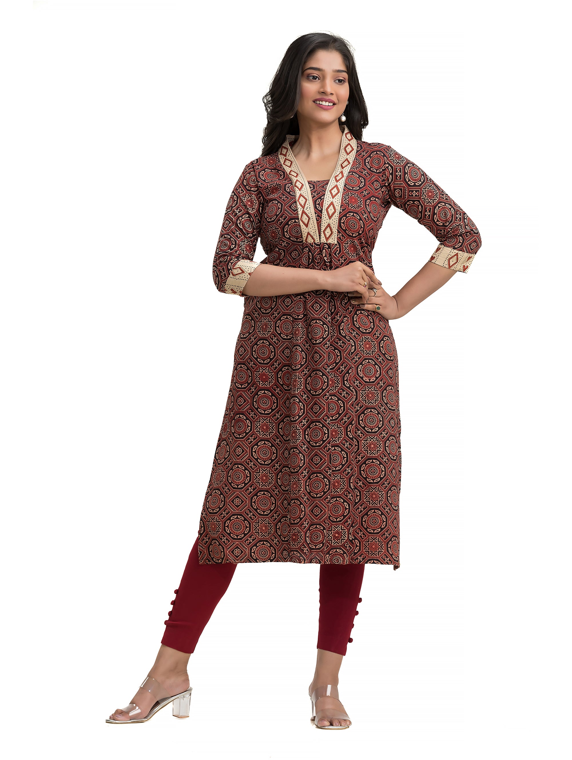 Hand Block Ajrakh Black Straight Kurti with V-Neck Patchwork