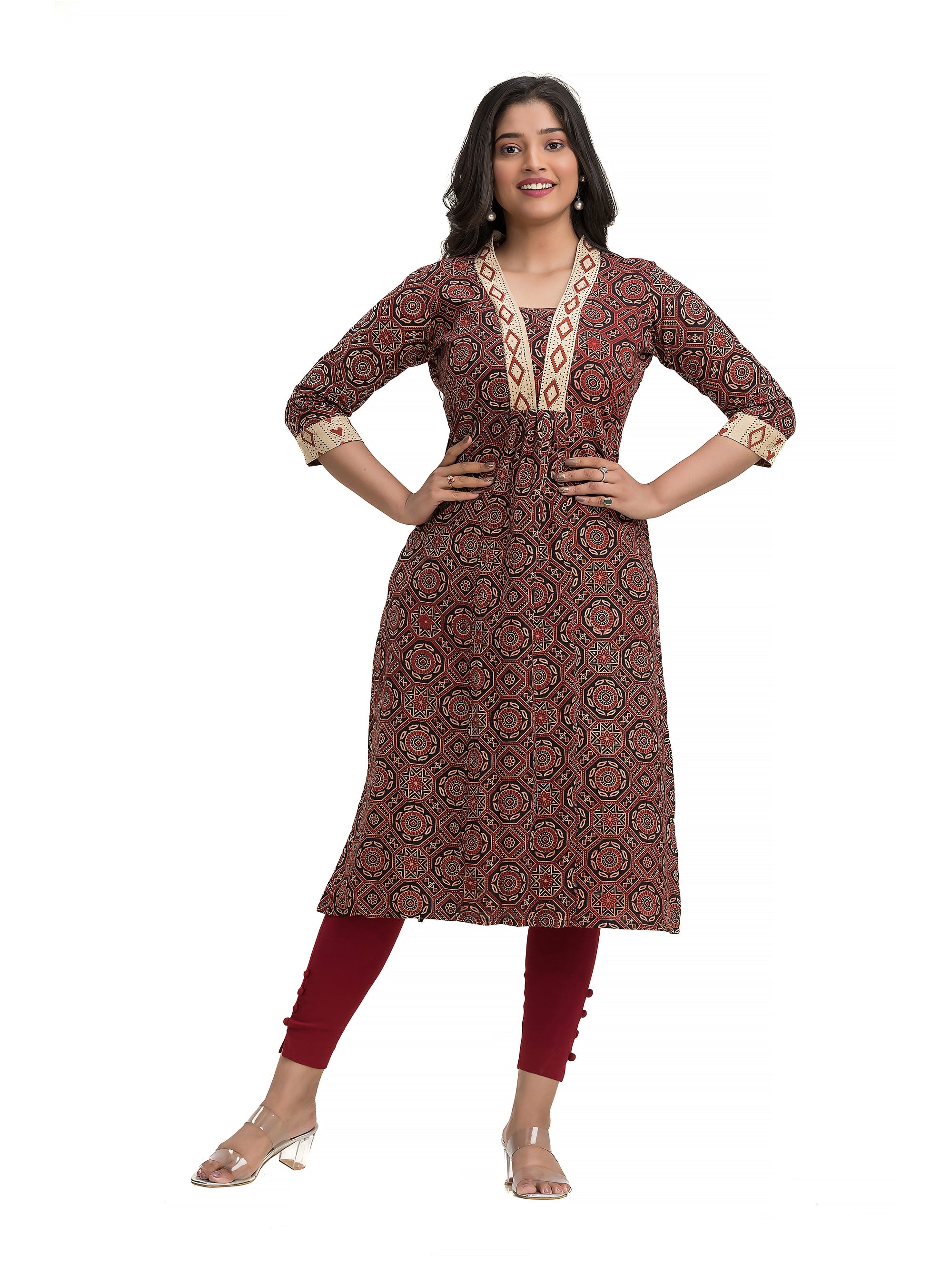 Hand Block Ajrakh Black Straight Kurti with V-Neck Patchwork