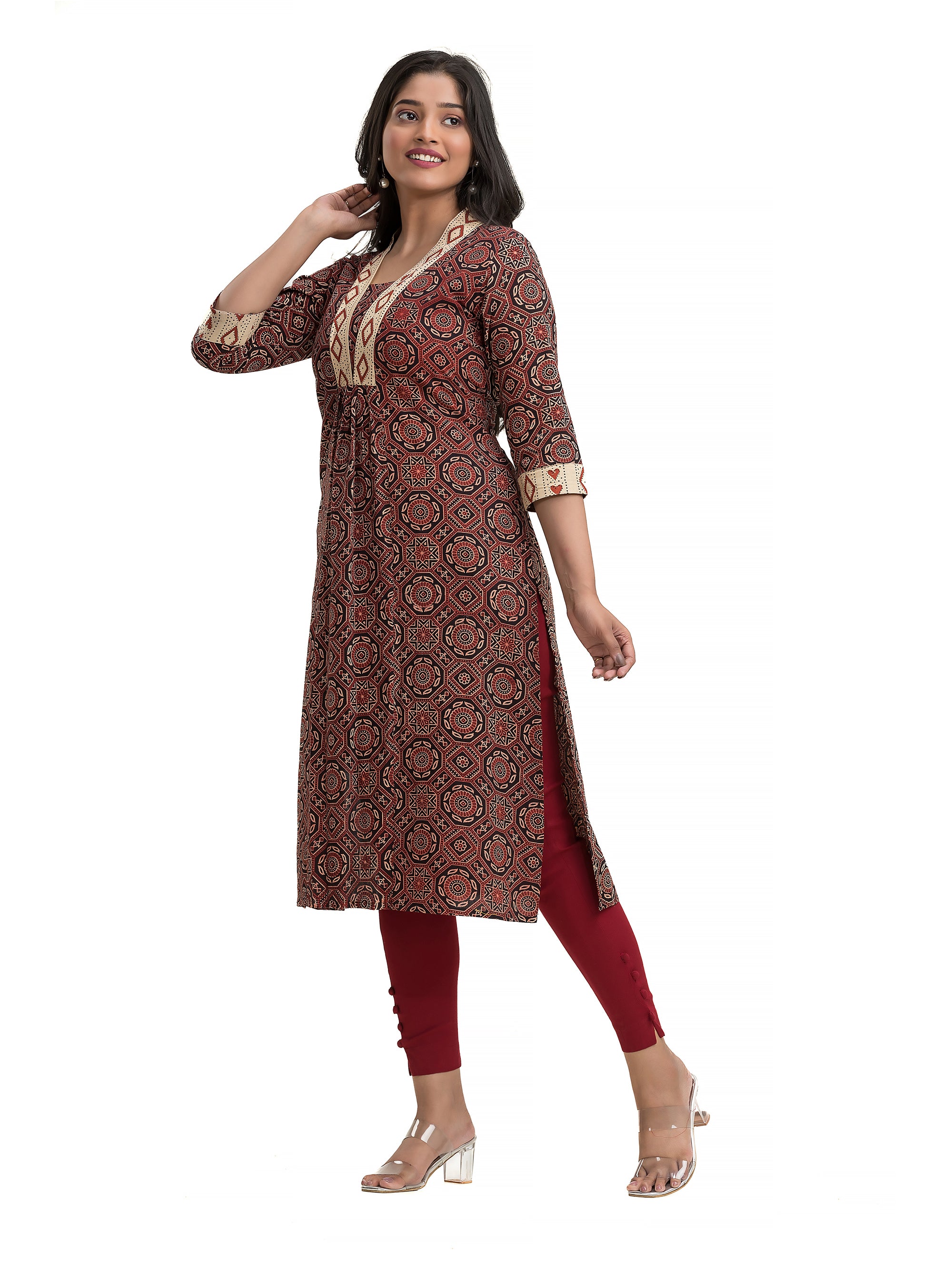 Hand Block Ajrakh Black Straight Kurti with V-Neck Patchwork