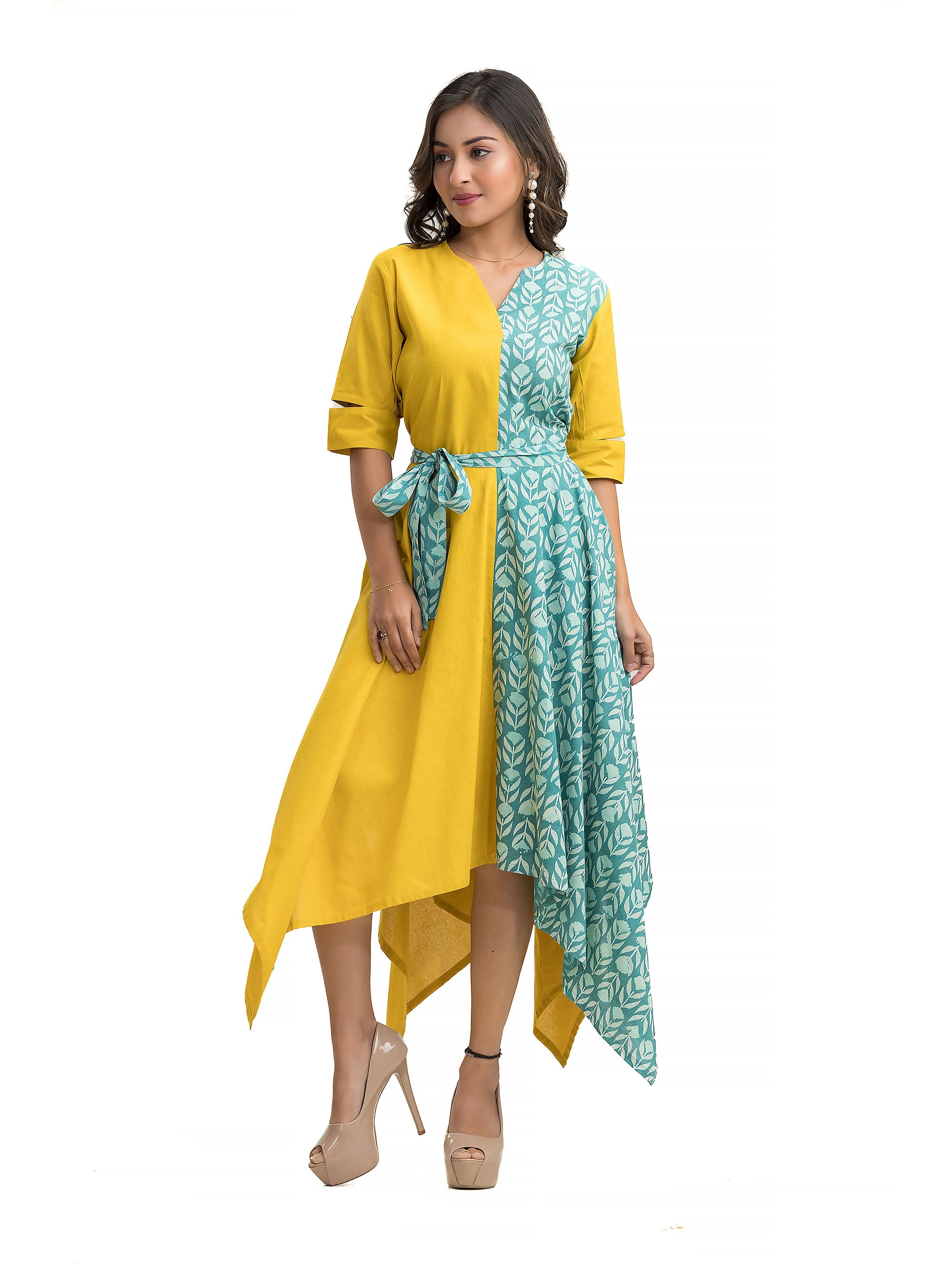 Dabu Hand Block Assymmetric Dress with Belt