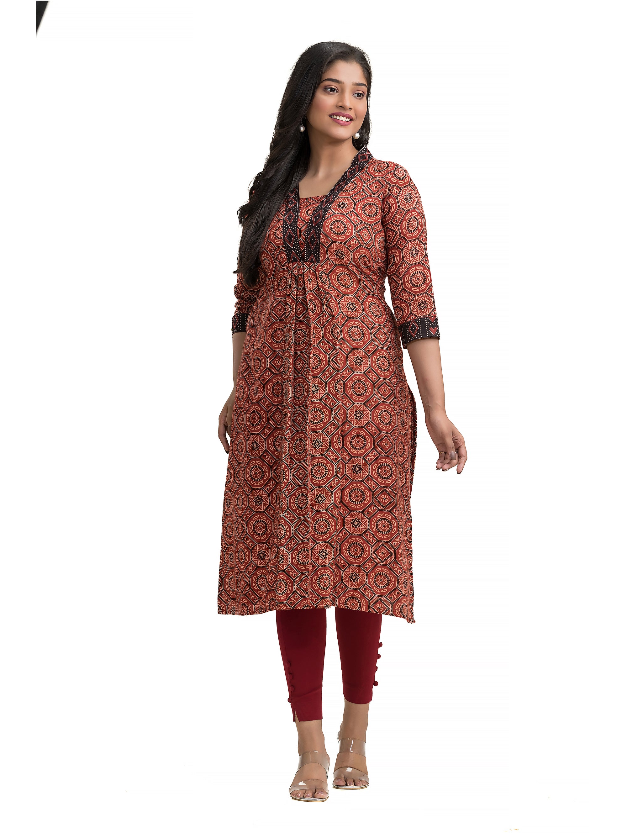 Maroon Ajrakh High Neck Kurti with Ajrakh Lacework