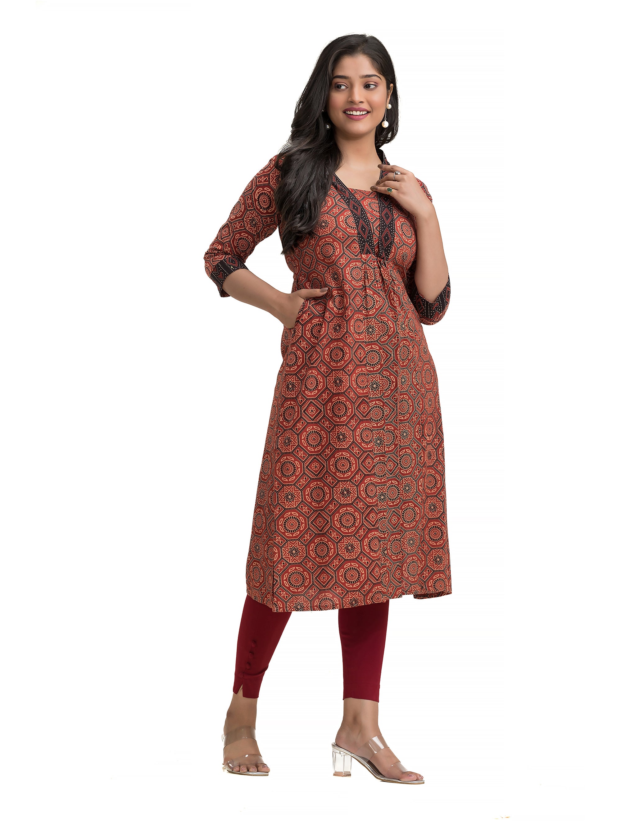 Maroon Ajrakh High Neck Kurti with Ajrakh Lacework