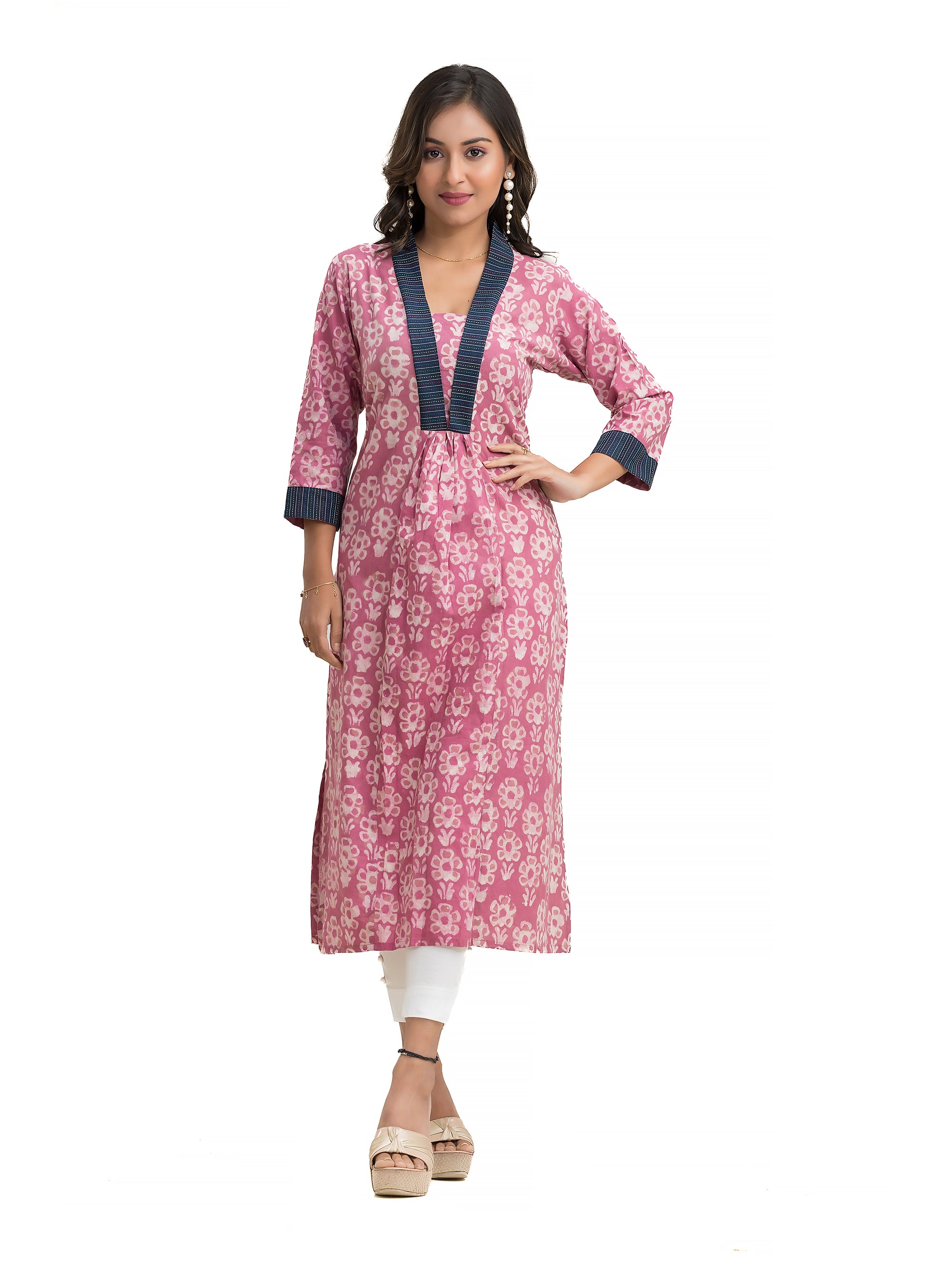 Floral Motif Dabu Printed Straight Kurti with Kantha Lacework