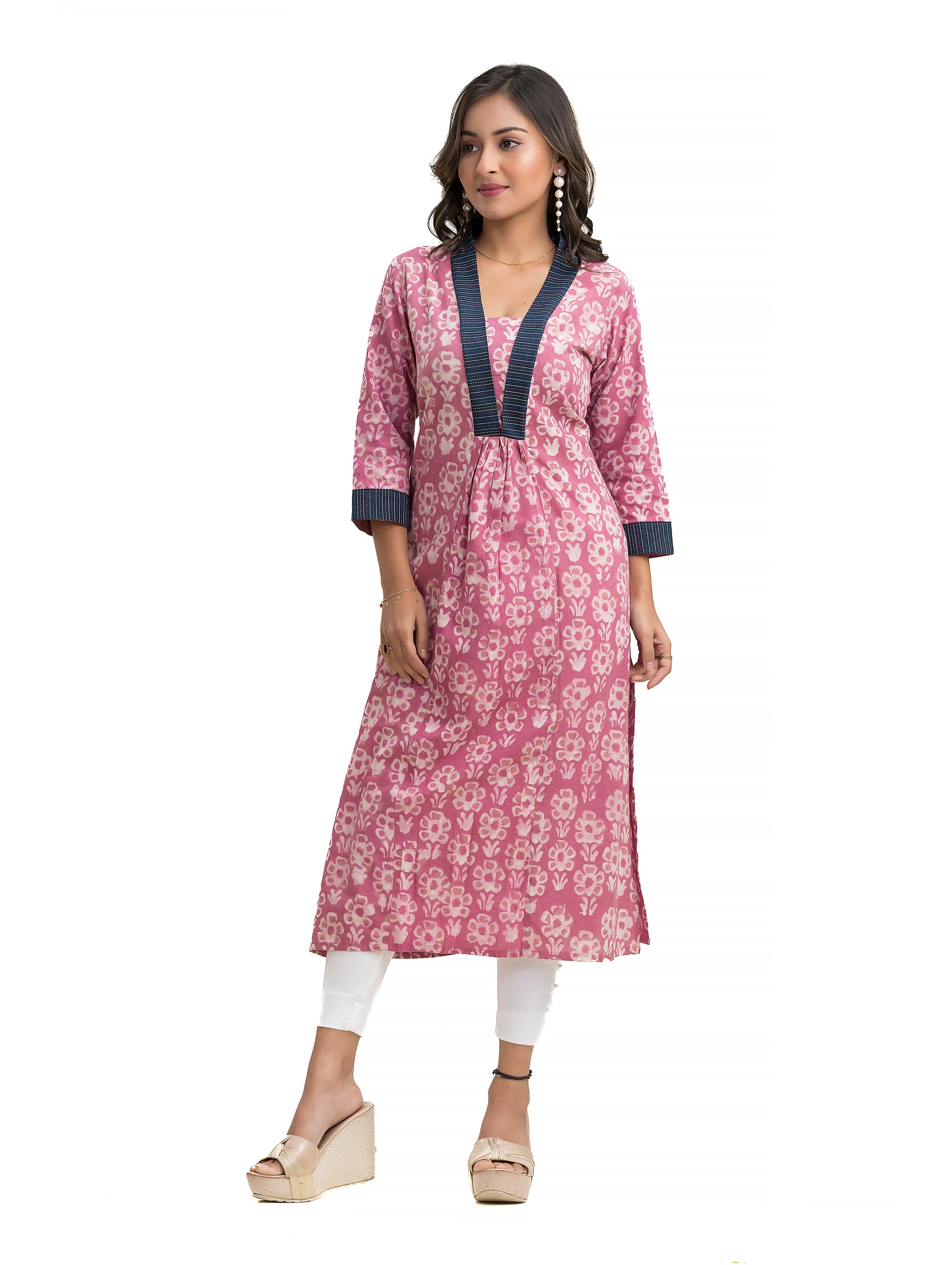 Floral Motif Dabu Printed Straight Kurti with Kantha Lacework