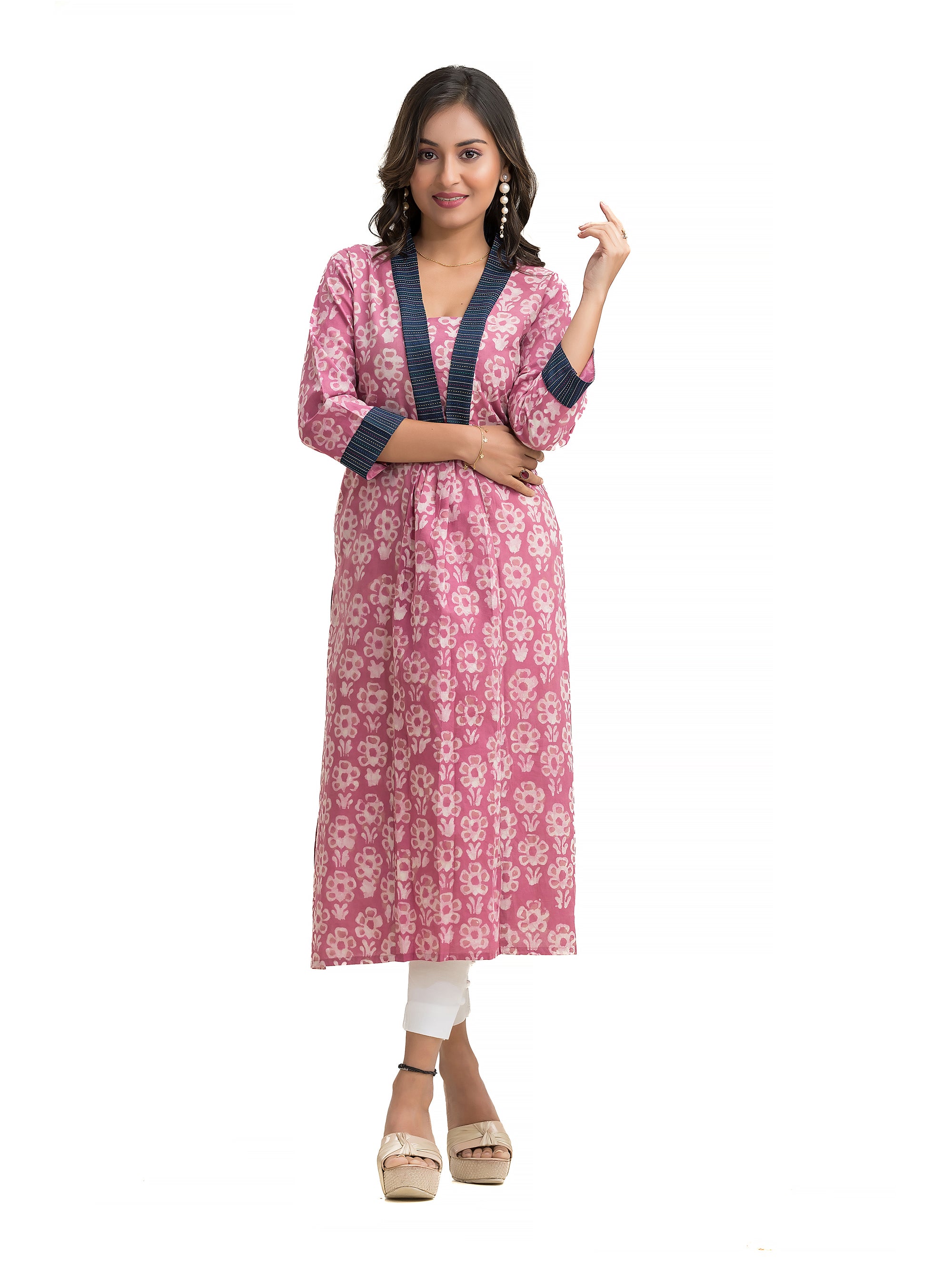 Floral Motif Dabu Printed Straight Kurti with Kantha Lacework