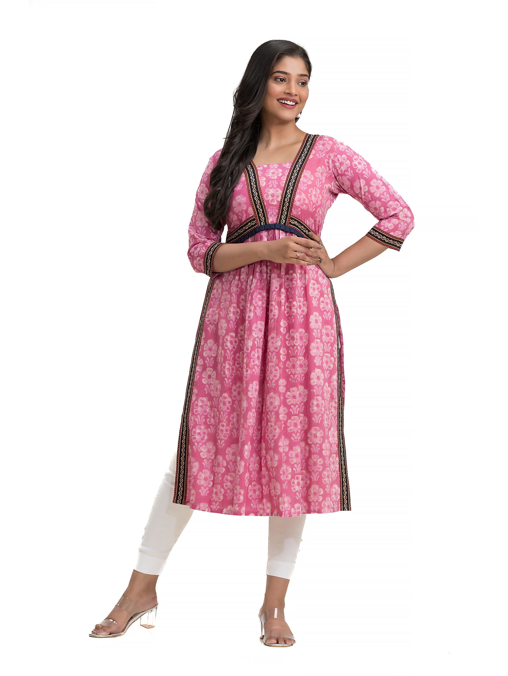 Pink Dabu Printed Nyra Cut Kurti with Ajrakh Lacework