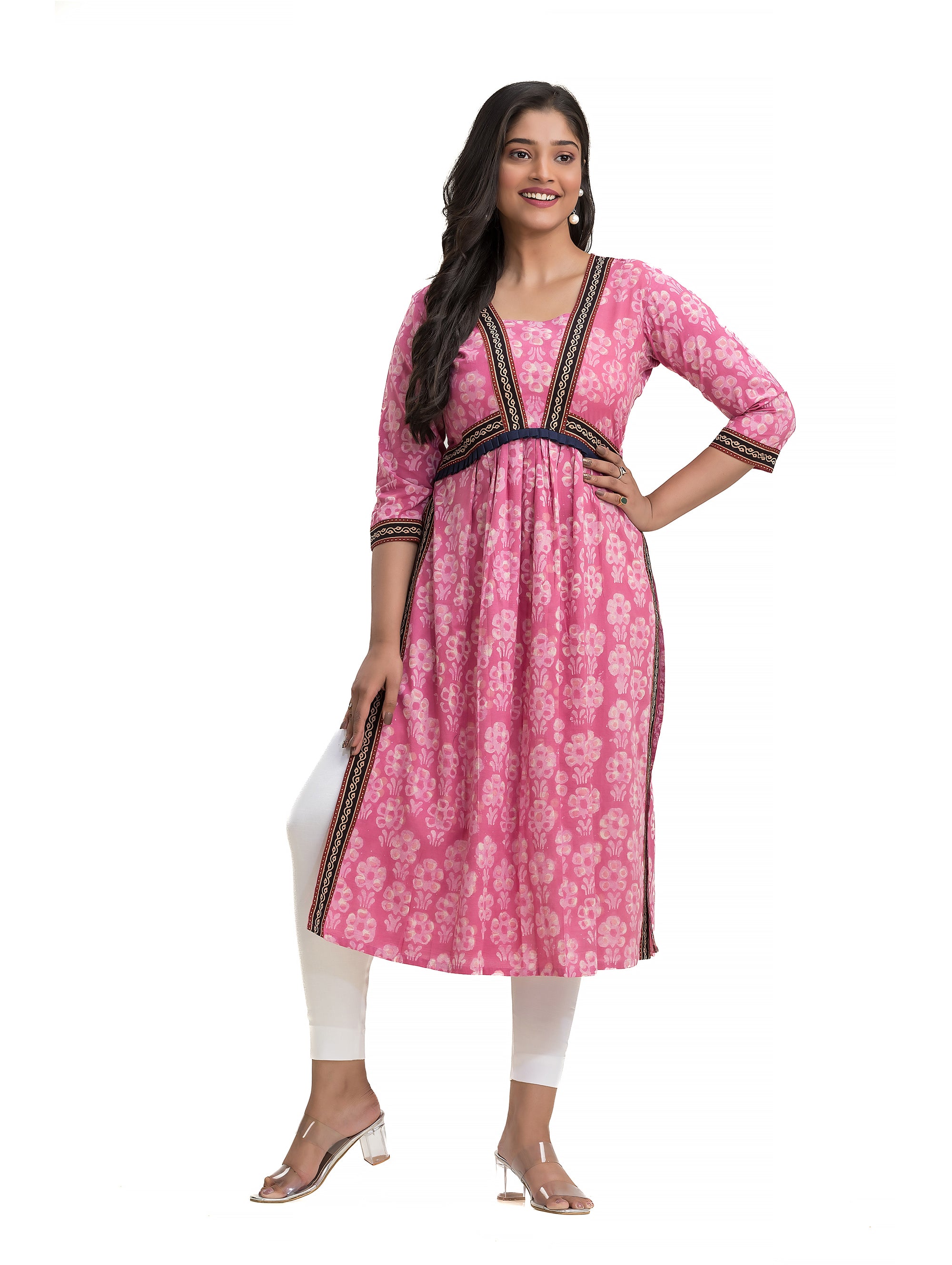 Pink Dabu Printed Nyra Cut Kurti with Ajrakh Lacework