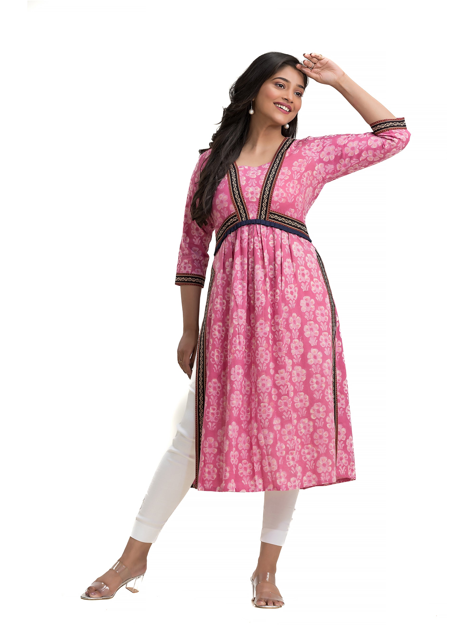 Pink Dabu Printed Nyra Cut Kurti with Ajrakh Lacework