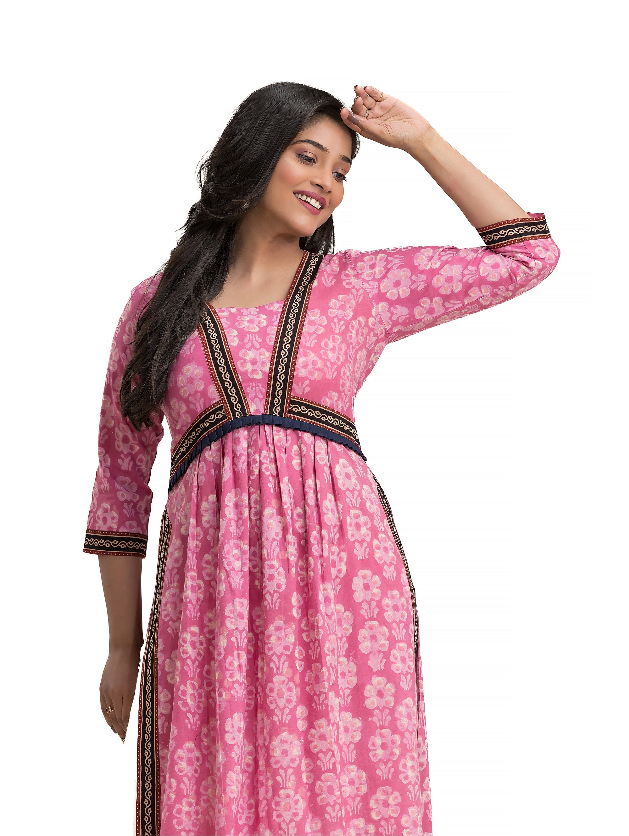 Pink Dabu Printed Nyra Cut Kurti with Ajrakh Lacework