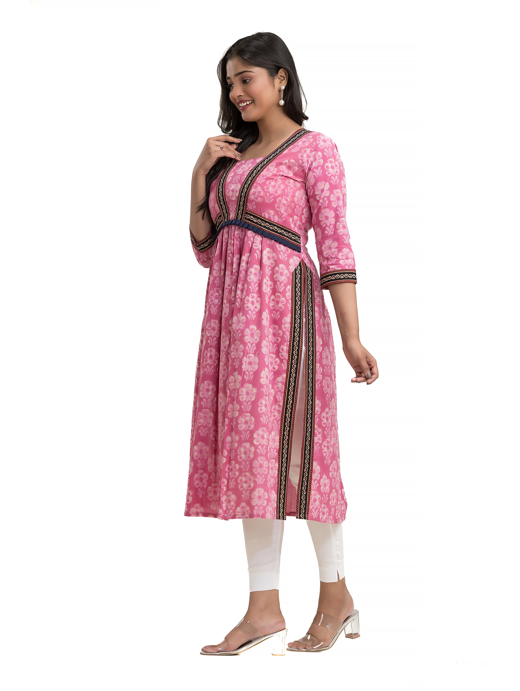 Pink Dabu Printed Nyra Cut Kurti with Ajrakh Lacework