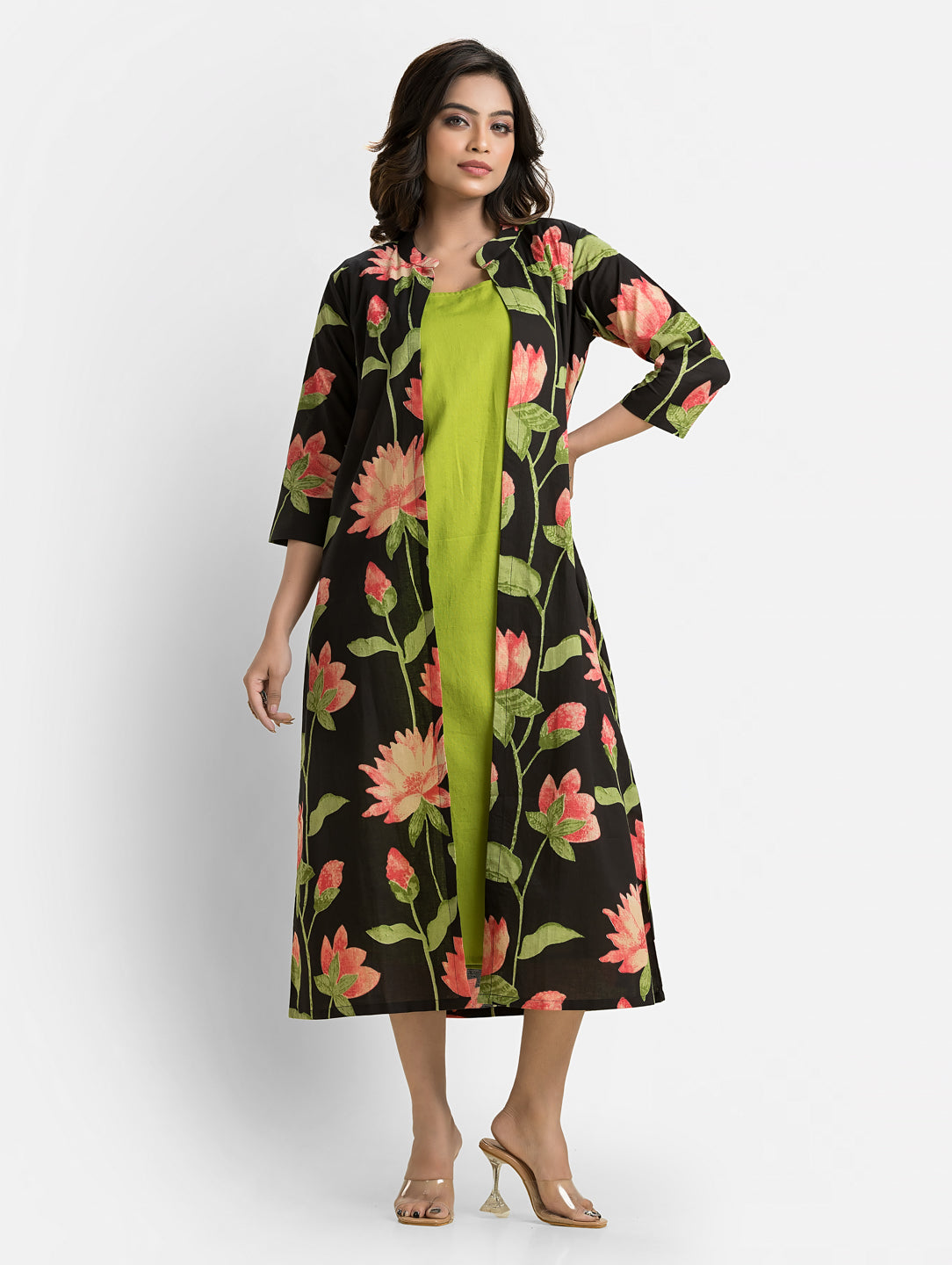 Women's Green Long Inner Dress With Black Jacket