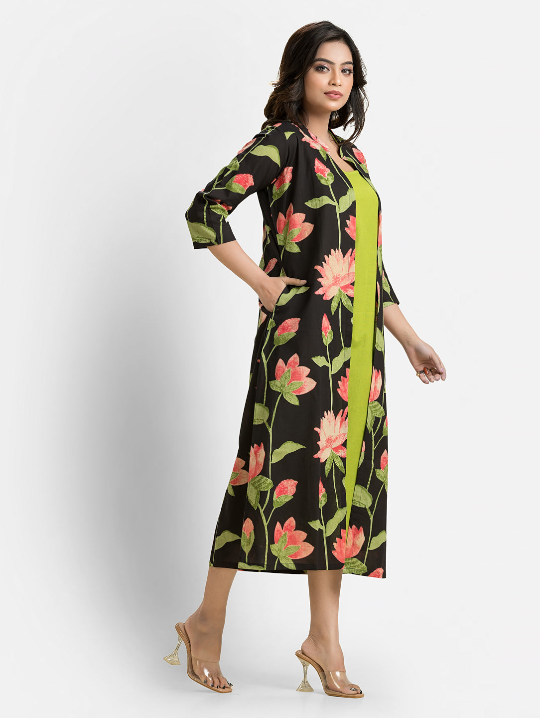 Women's Green Long Inner Dress With Black Jacket