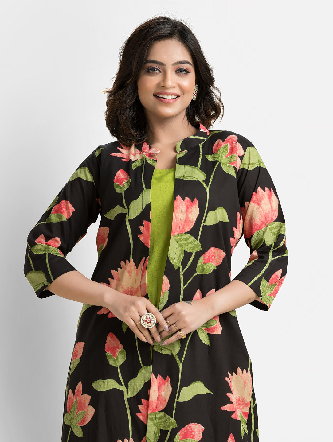 Women's Green Long Inner Dress With Black Jacket