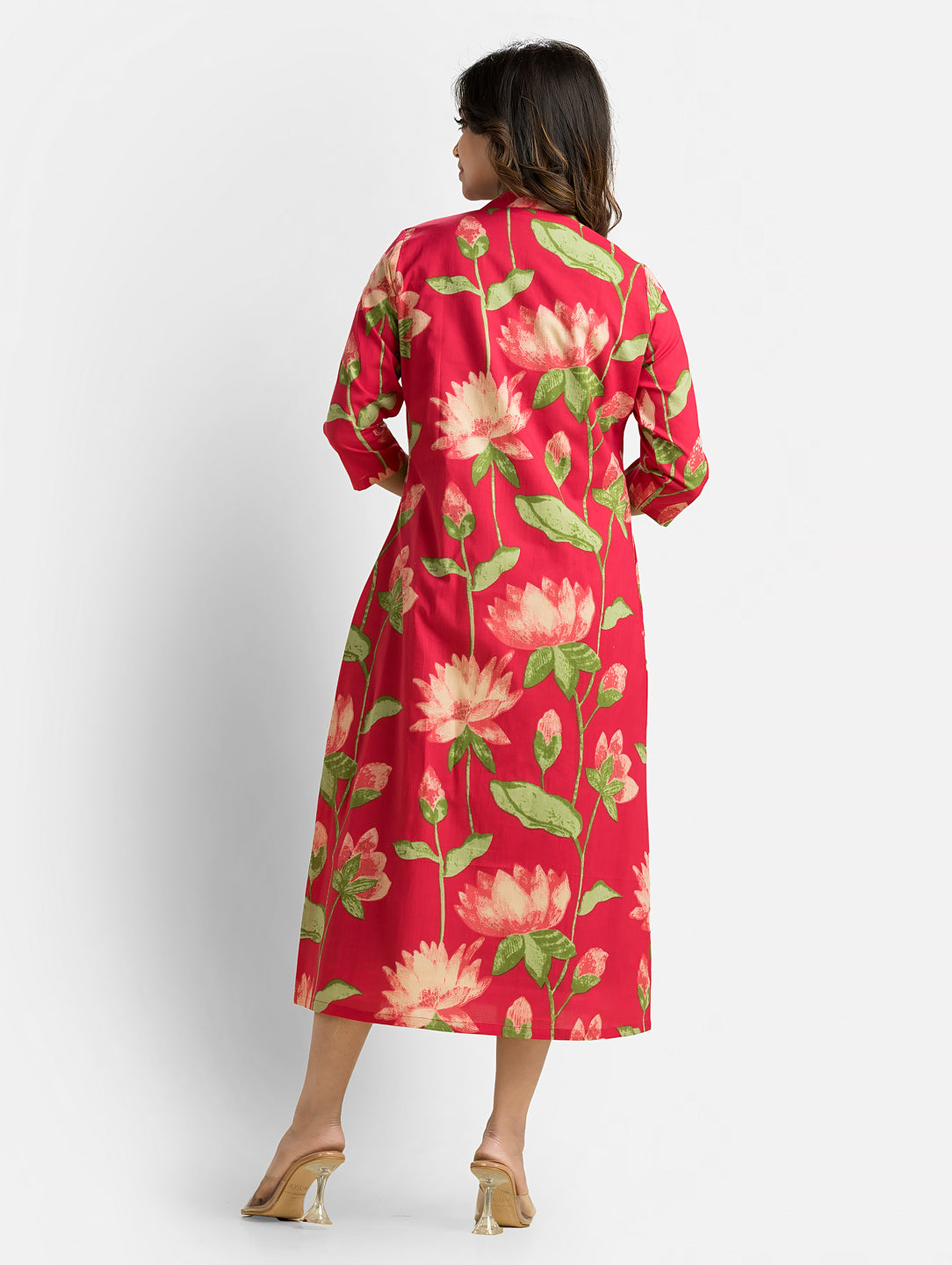 Women's Green Long Inner Dress With Red Shrug