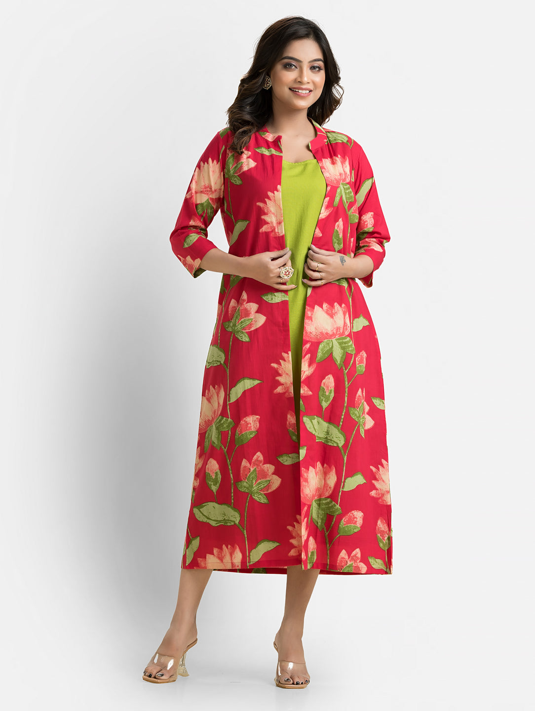 Women's Green Long Inner Dress With Red Shrug