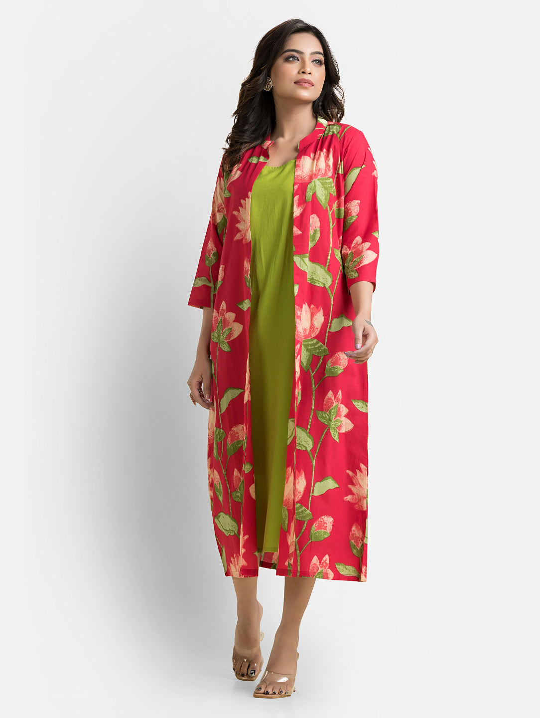 Women's Green Long Inner Dress With Red Shrug