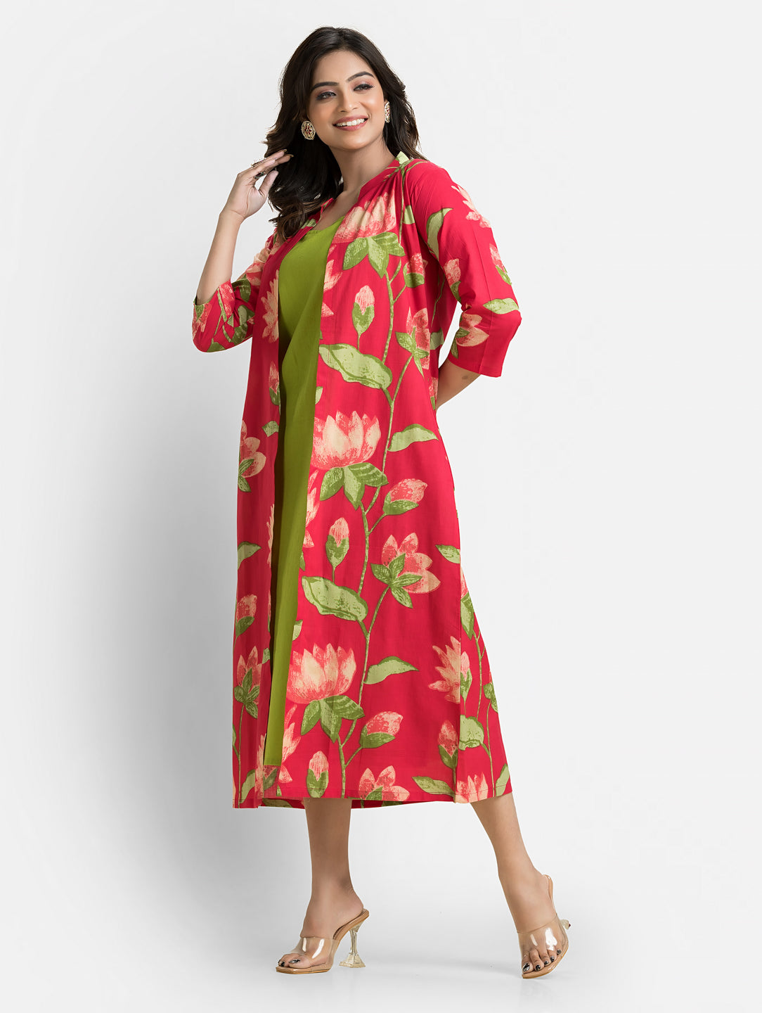 Women's Green Long Inner Dress With Red Shrug