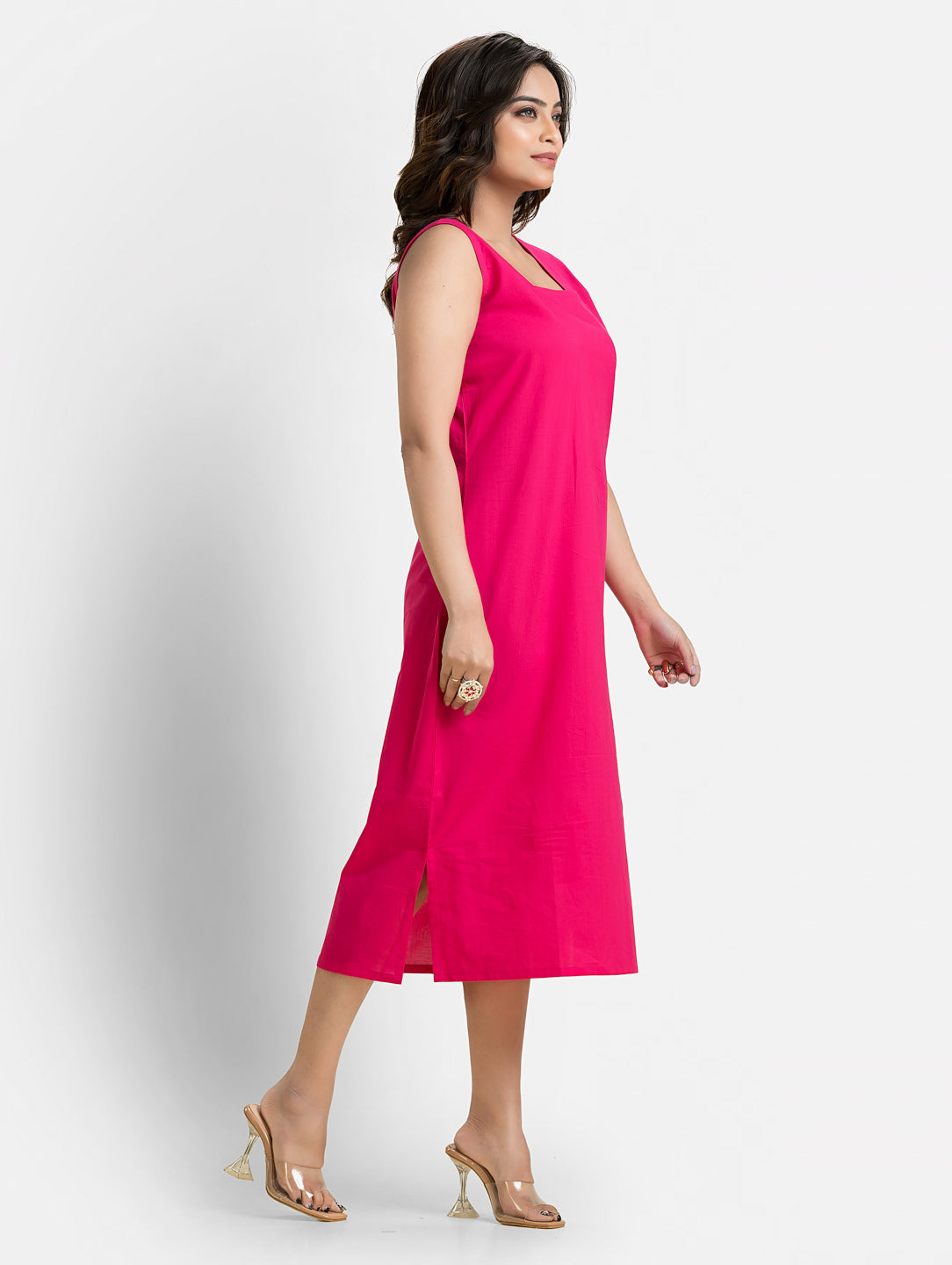 Women's Pink Long Inner Dress With Green Shrug