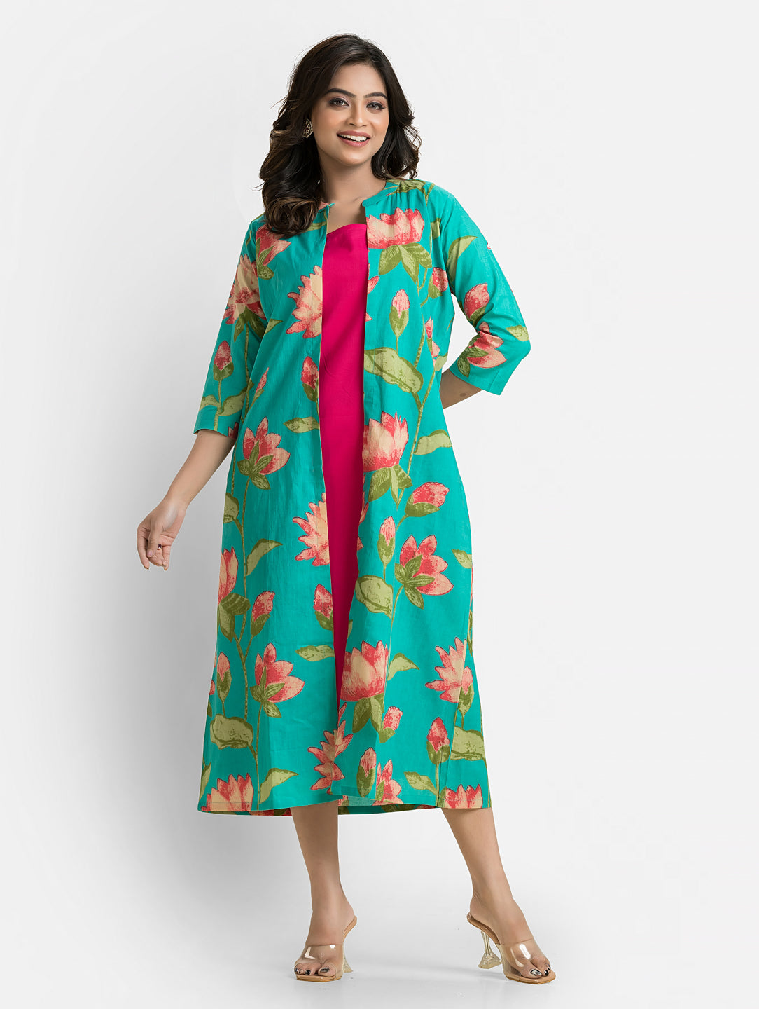 Women's Pink Long Inner Dress With Green Shrug