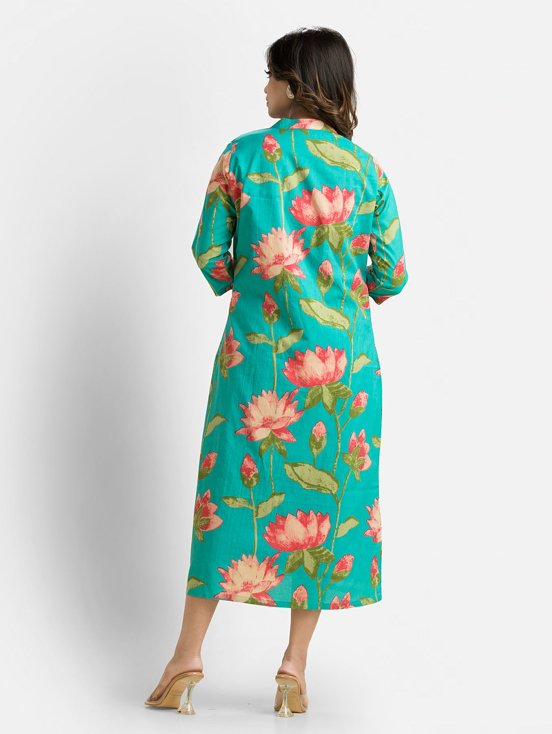 Women's Pink Long Inner Dress With Green Shrug