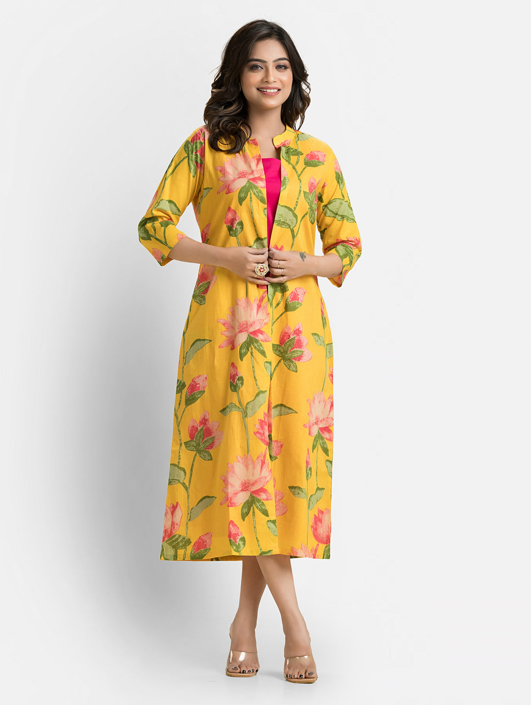 Women's Pink Long Inner Dress With Yellow Jacket