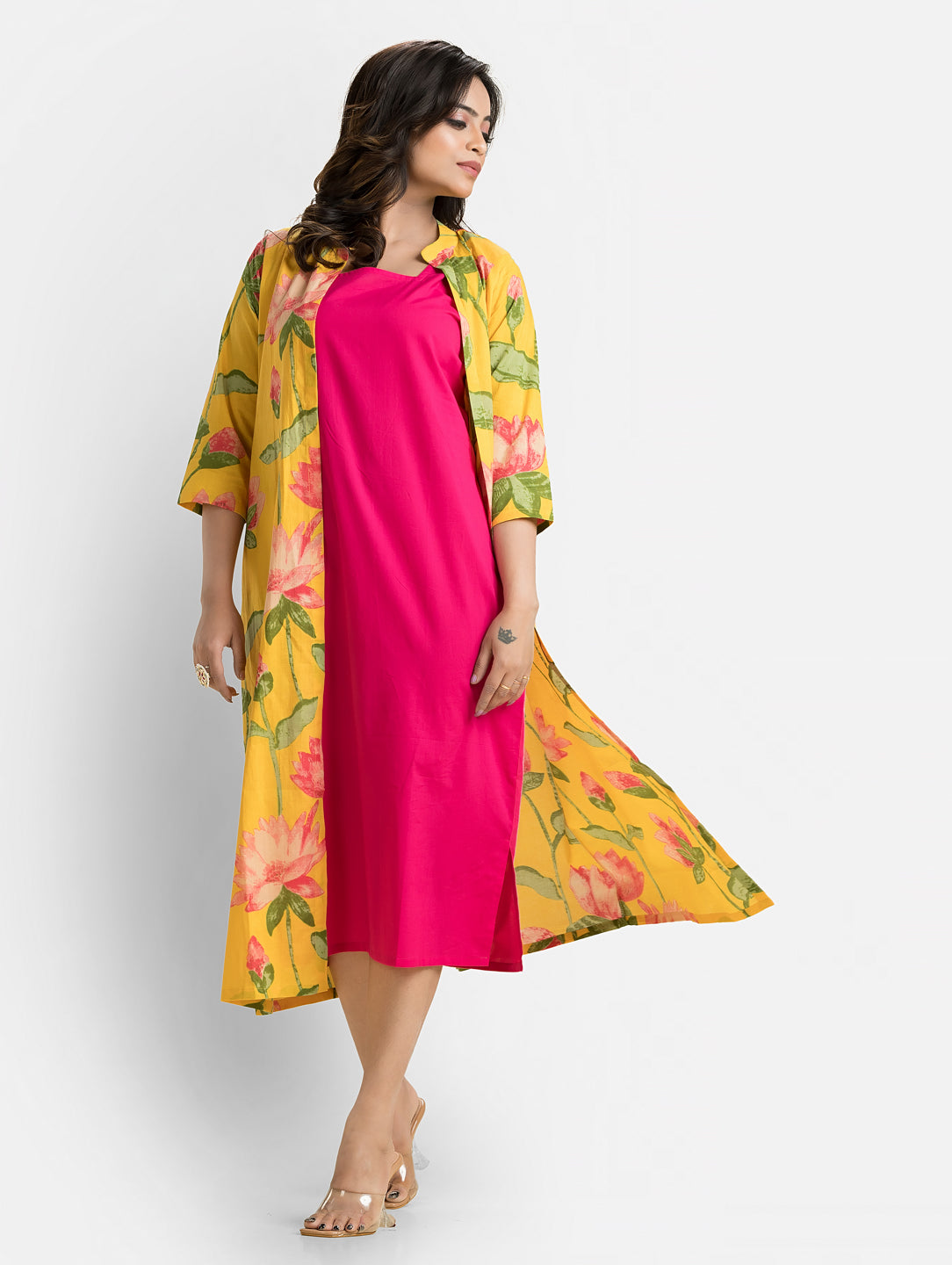 Women's Pink Long Inner Dress With Yellow Jacket