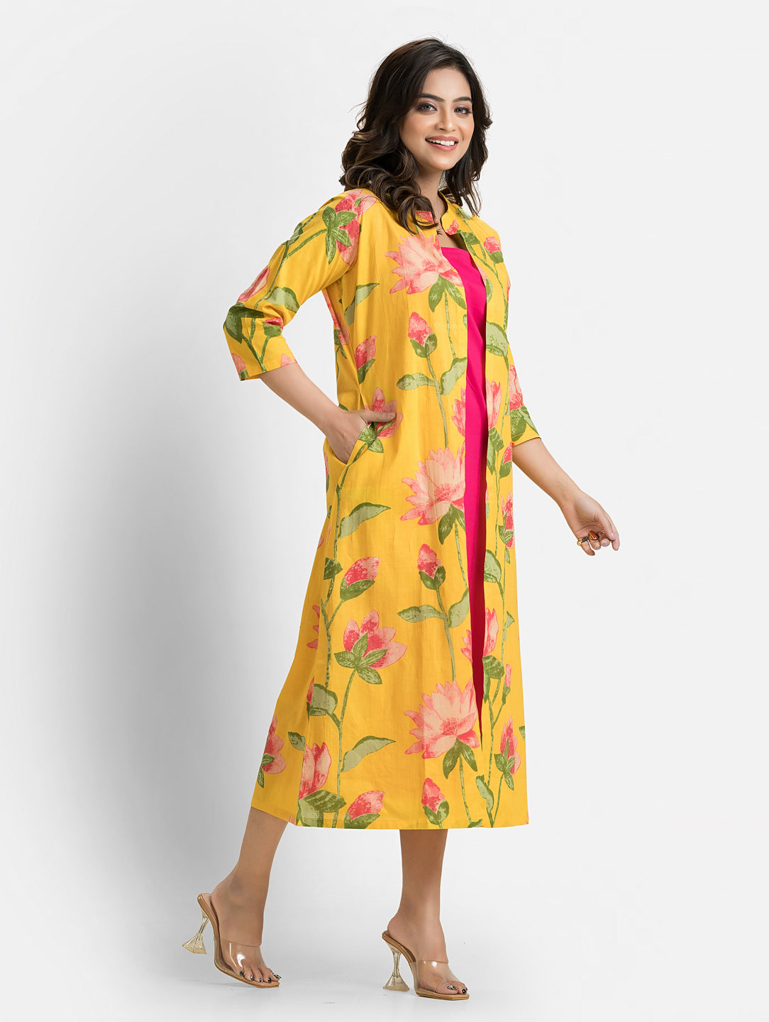 Women's Pink Long Inner Dress With Yellow Jacket