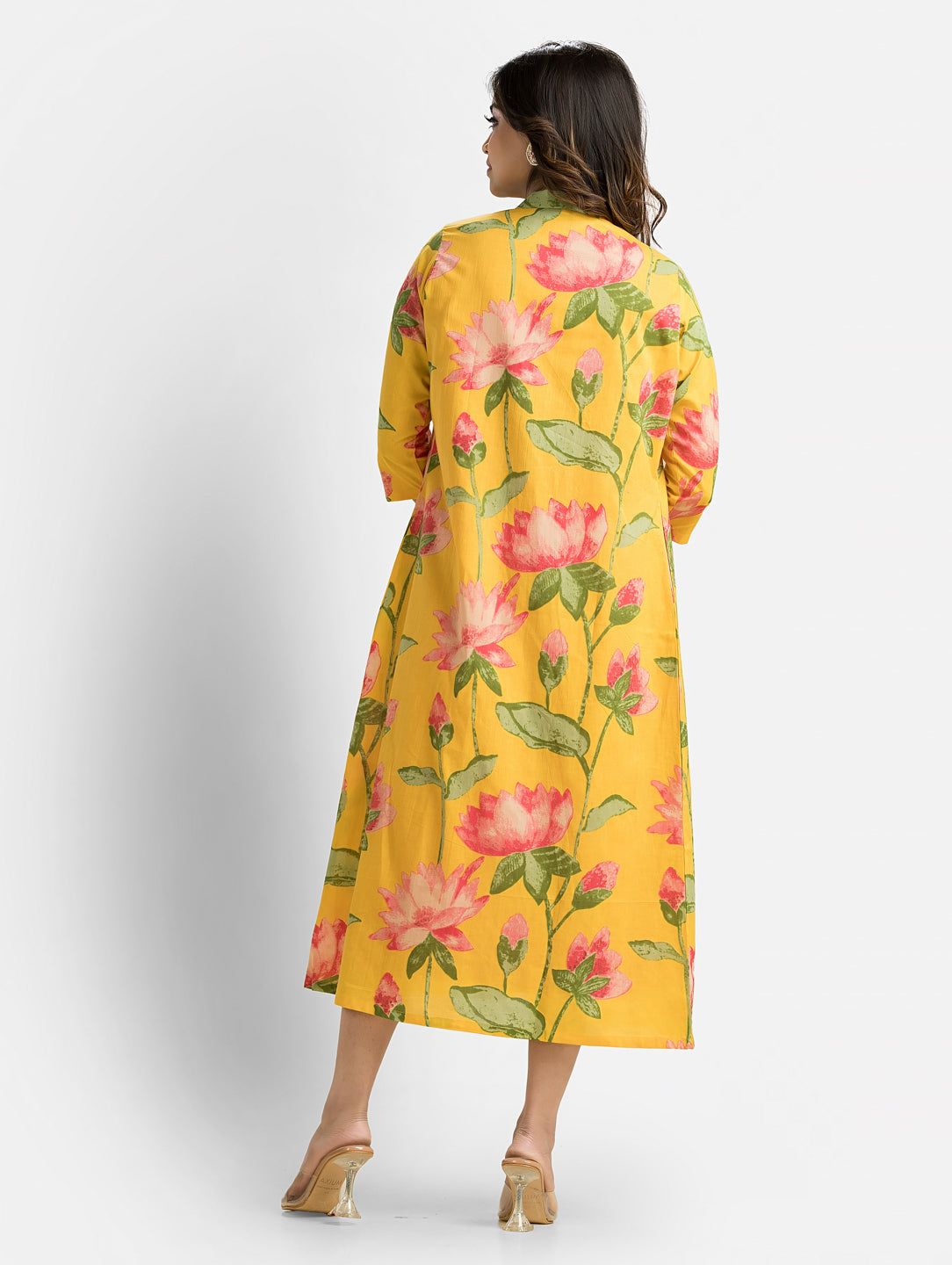 Women's Pink Long Inner Dress With Yellow Jacket
