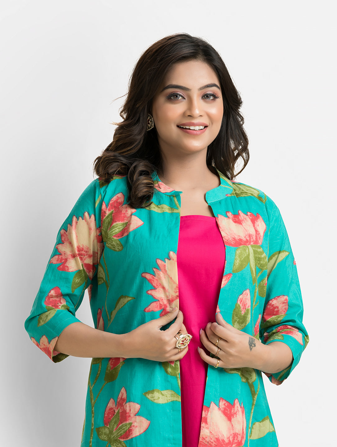 Women's Pink Long Inner Dress With Green Shrug